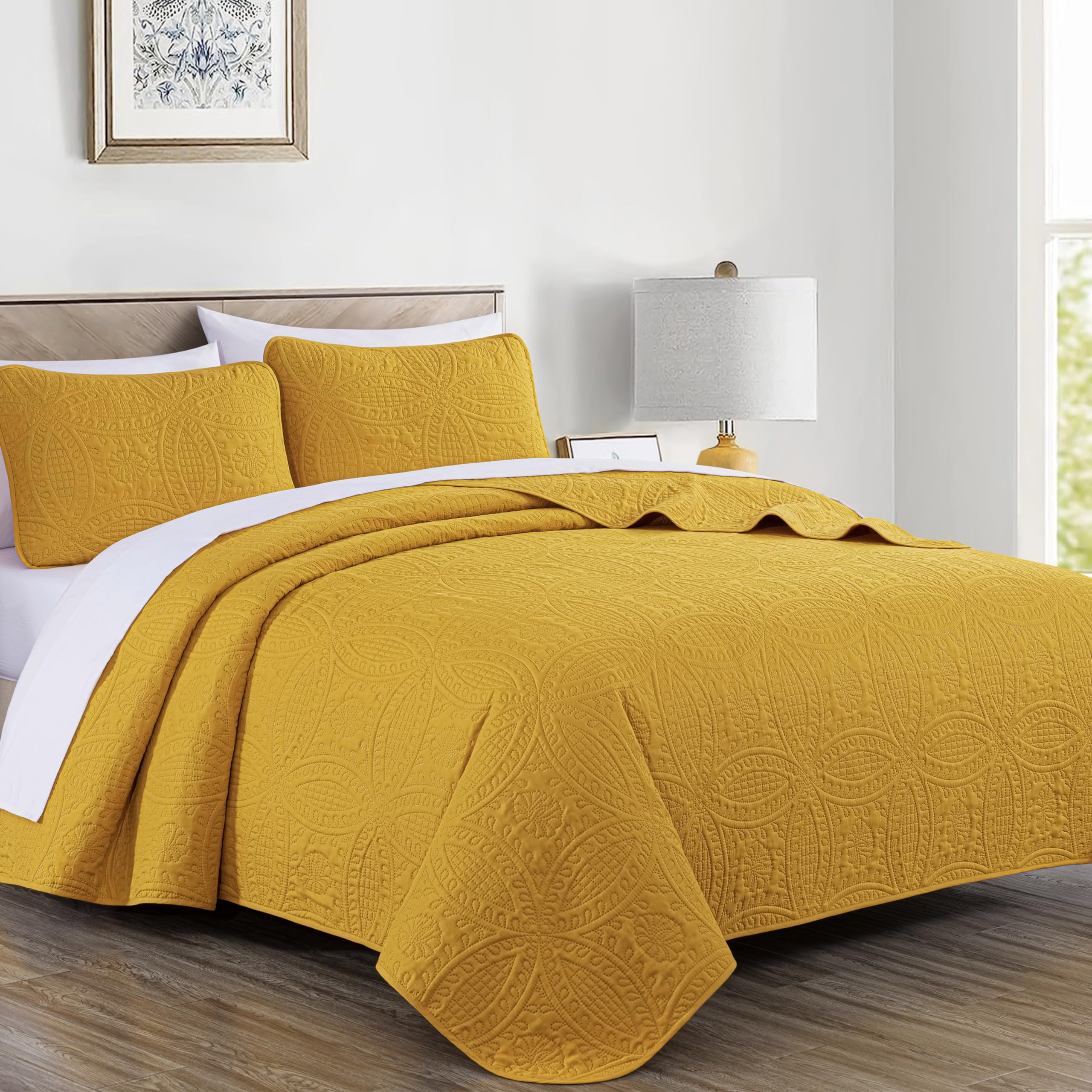 Chezmoi Collection Austin - Juego de Colcha tamaño Queen de 3 Piezas Pinsonic Acolchada Extra Grande, Queen, Mostaza