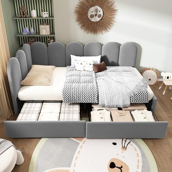 Upholstered L Shaped Corner Daybed with Storage Drawers, 90x190cm Velvet 3FT Corner Bed Frame, Single Sofa Bed Frame with Modern Style, No Mattress, Grey