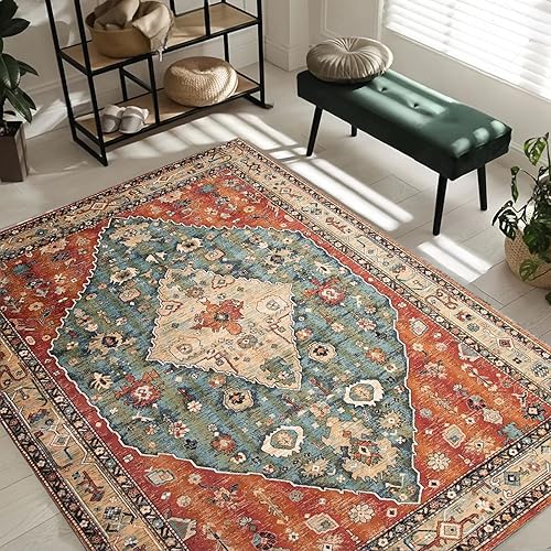 Handytoolinc 4'*6' Boho Area Rug Non-Slip Washable Rugs Soft Vintage Carpet for Bedroom Indoor Door Mats Durable Machine Washable Rug Non Shedding Living Room Rugs Entryway Rugs(4'*6',red)