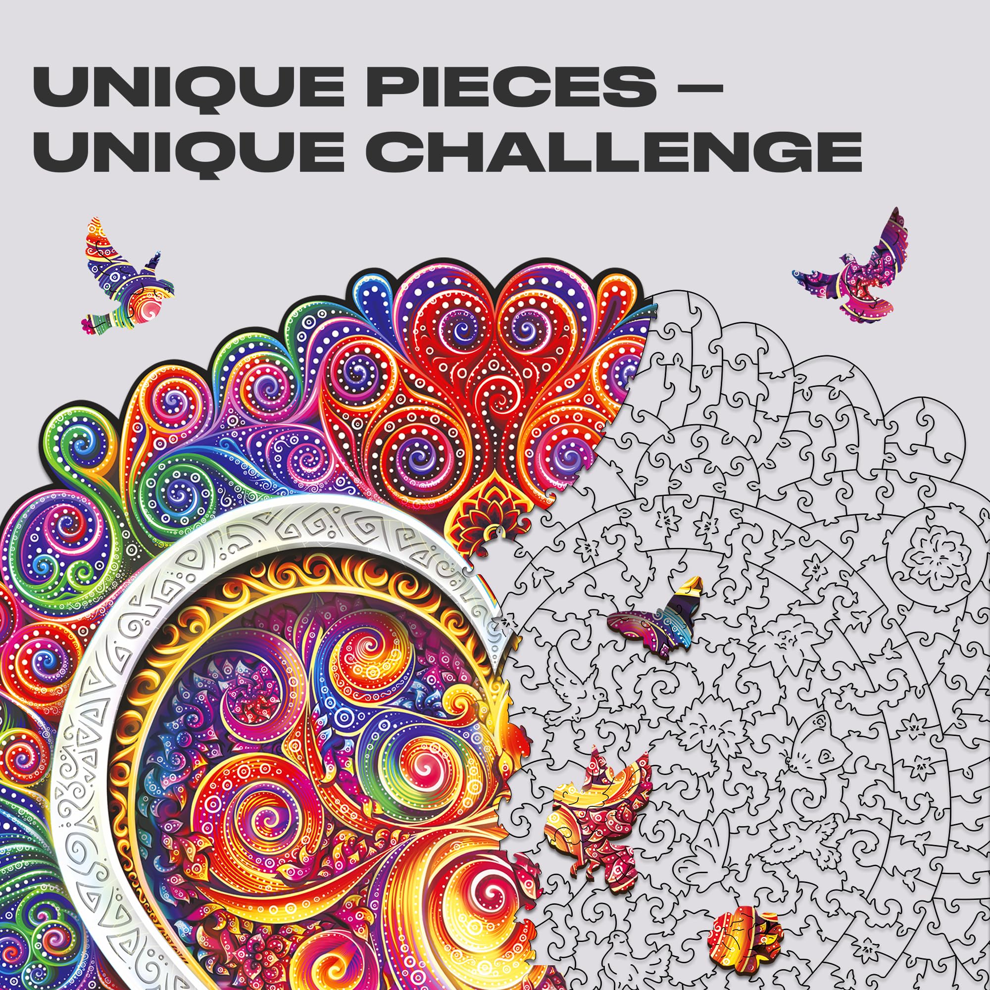 UNIDRAGON Oryginalne Drewniane Puzzle - Mandala Świadomą Miłość, 700 sztuk, Wielkość Królewska 17,7x17,7 cali (45x45 cm) Piękne Pudełko na Prezent, Unikalny Kształt Dorośli i Dzieci