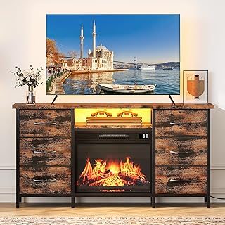 YITAHOME Elektrokamin mit Heizung, TV Schrank mit Kamin, Lowboard mit Elektrokamin 6 Schubladen, Kamin Elektrisch mit LED 3D-Flammeneffekt, Multifunktionaler Schubladenschrank mit LED-Streifen
