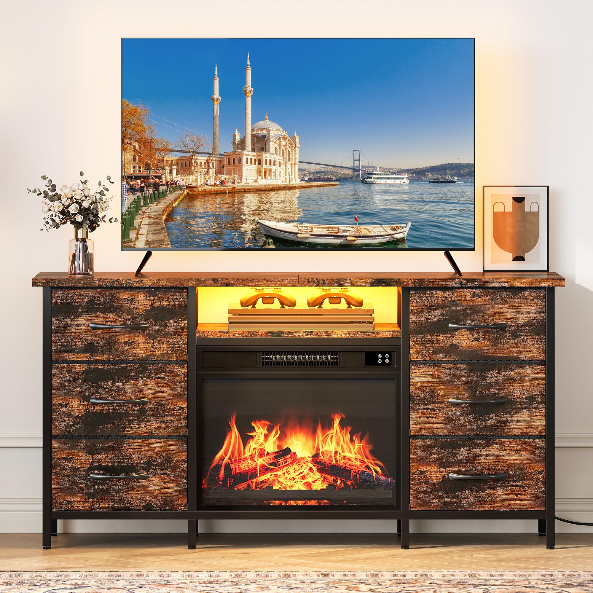 cassetto con fuoco elettrico tv 120 cm yitahome con luce led