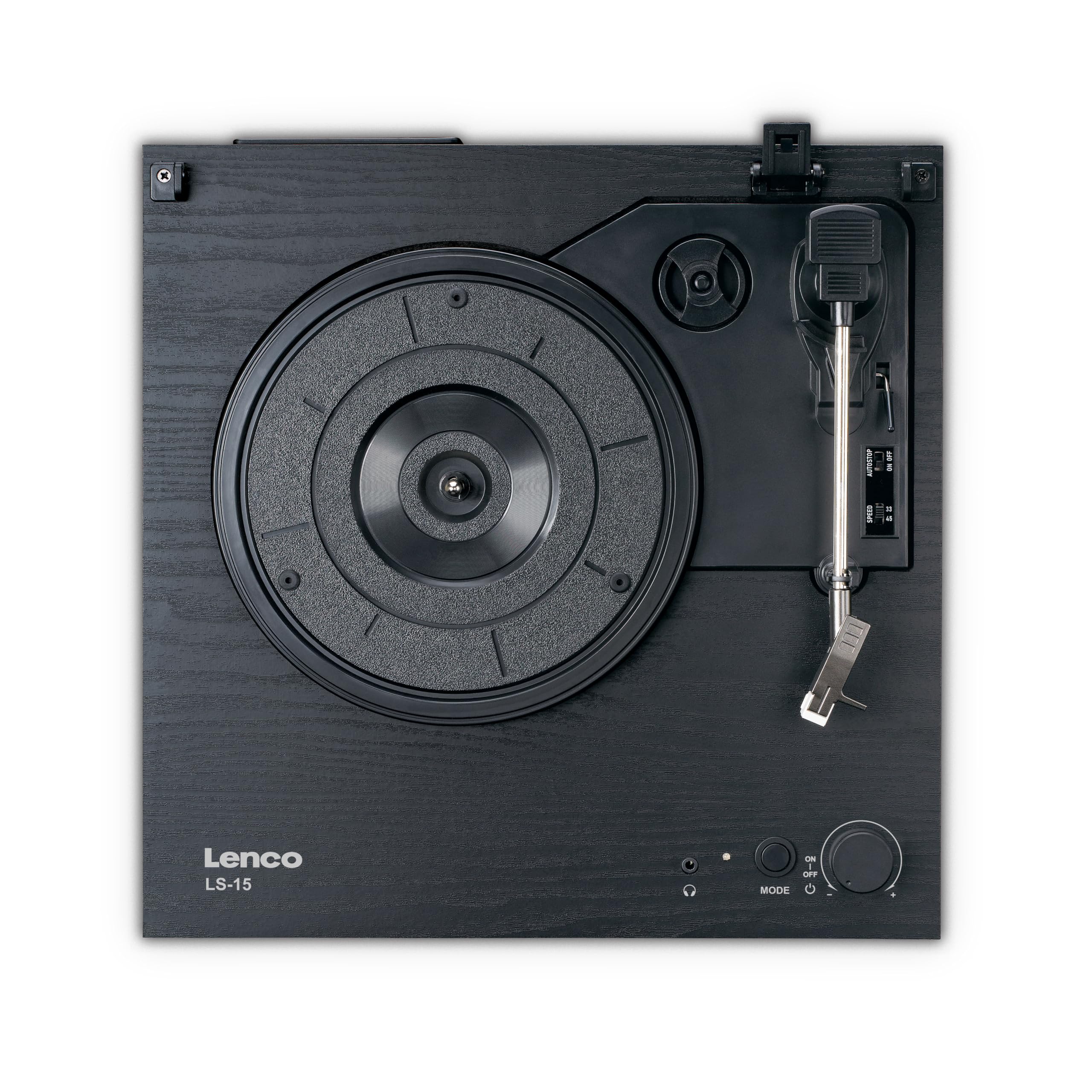 Lenco LS-15BK Giradischi Bluetooth 2 Altoparlanti Integrati Pickup AT3600L Cinghia Auto-Stop 33/45 Giri AUX RCA Nero