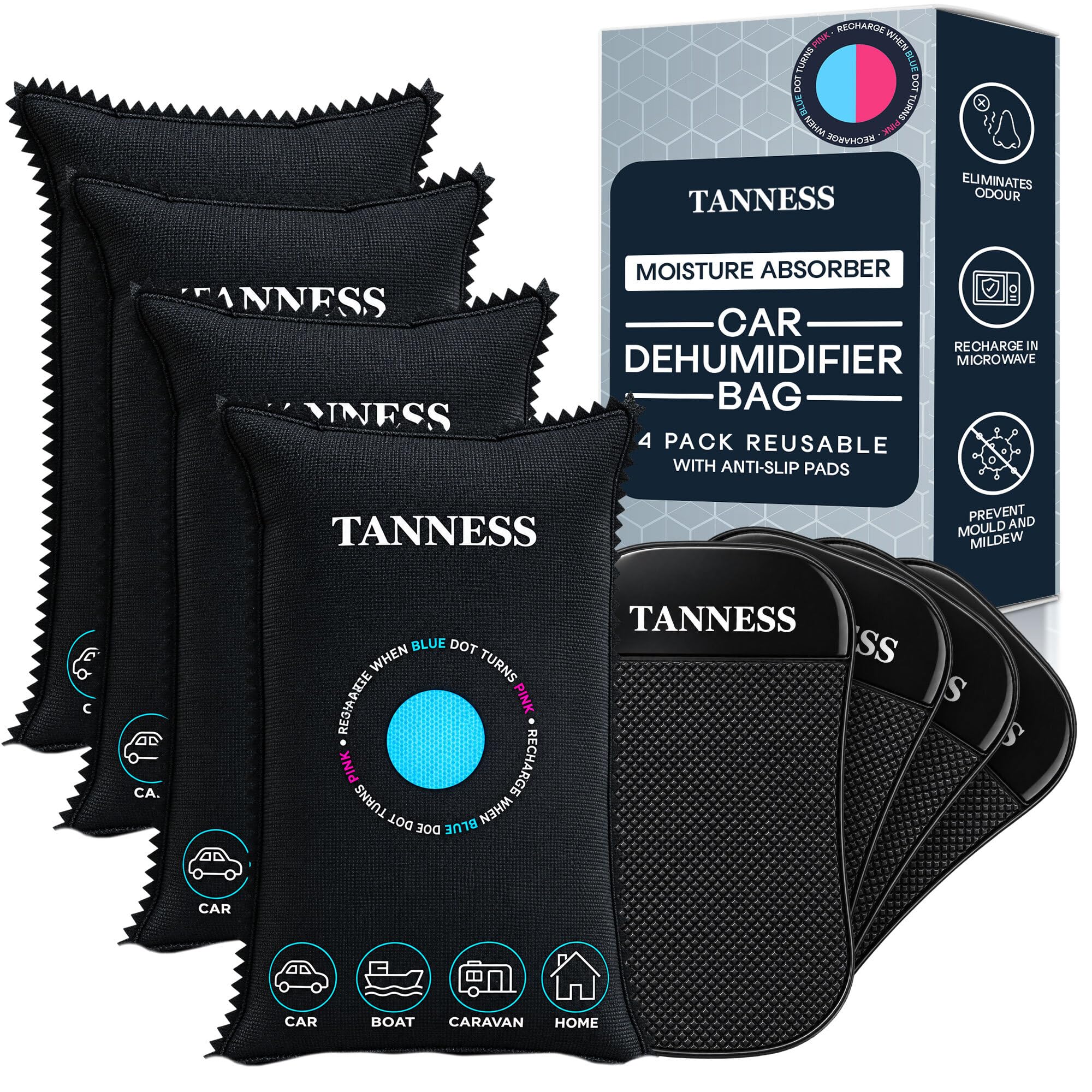 Tanness 4 Pack x 1kg Car Dehumidifier Bags with Anti-Slip Pads - Essential Car Accessories, Moisture Absorber, Reusable, Recharges in Microwave - Multipurpose for Home, All Spaces & Vehicles