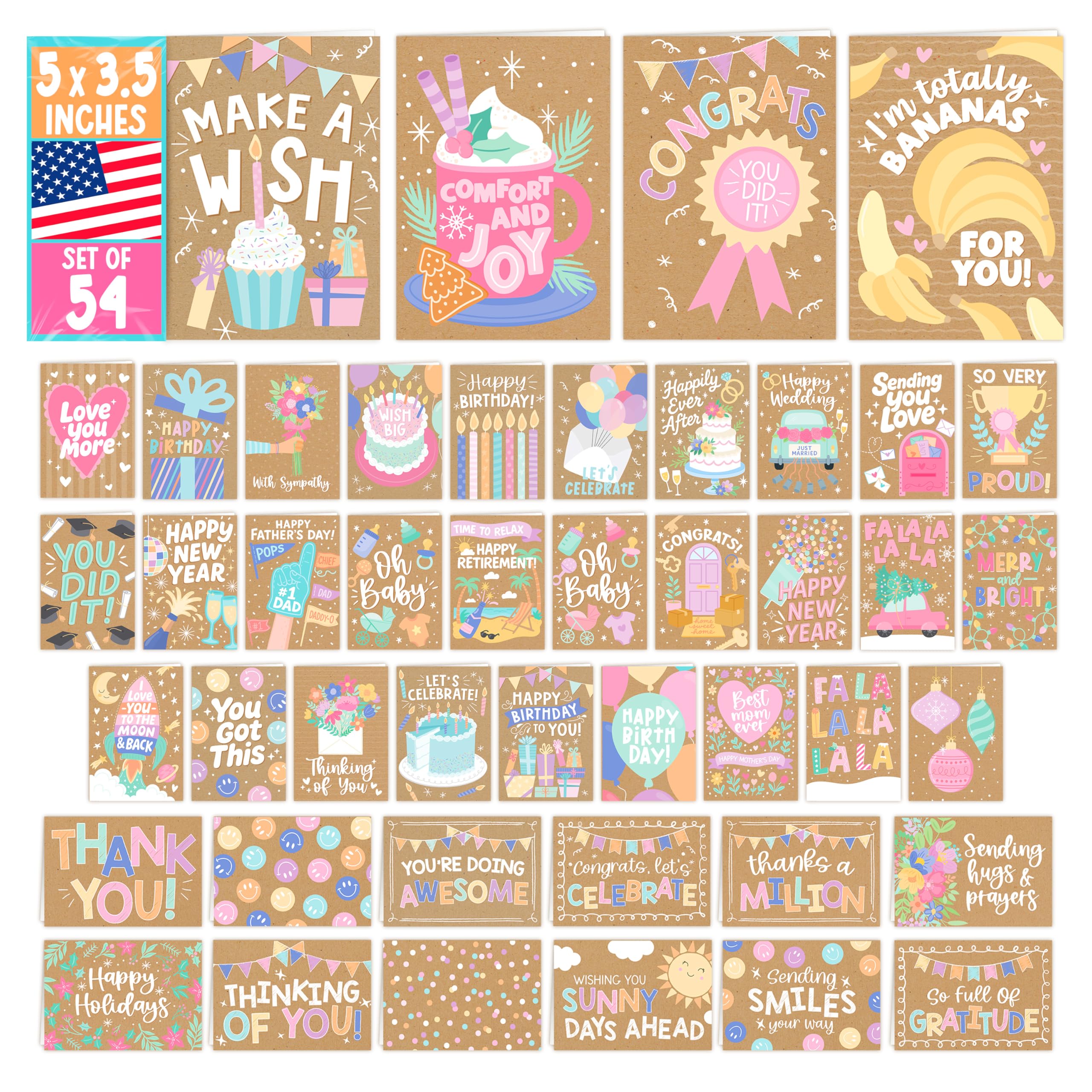 Hadley Designs Assortiment de cartes avec enveloppes pour toutes les occasions – 54 cartes de vœux en vrac pour toutes les occasions, assortiment de cartes de vœux, anniversaire, remerciement