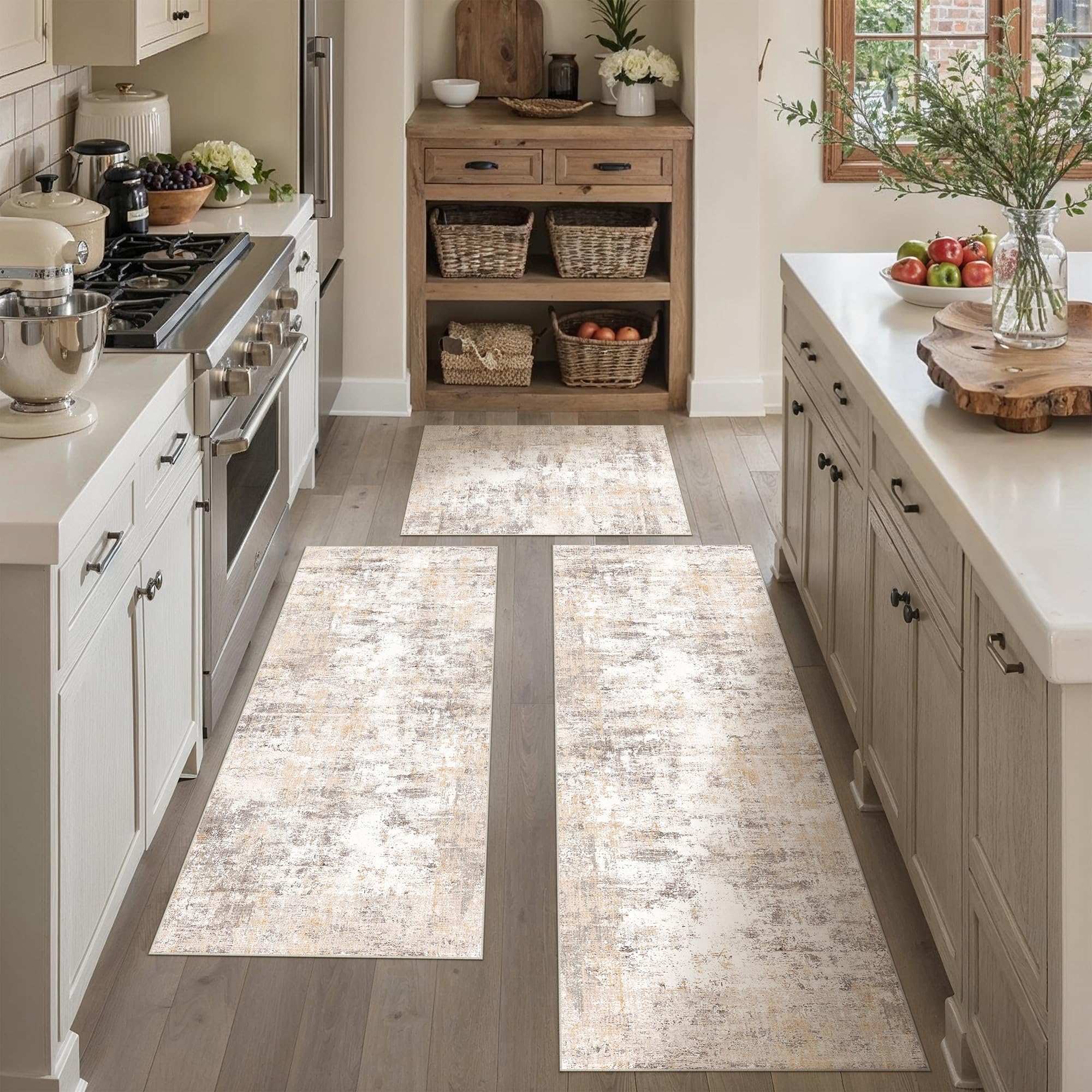 Washable Beige Grey Neutral Kitchen Runner Rug Set of 3