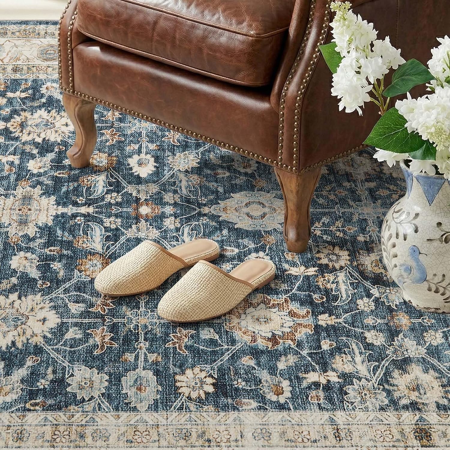 jinchan Vintage Area Rug 5x7 Dining Room Washable Floral Oriental Accent Distressed Indoor Doormat Small Non Slip Soft Lightweight Rug Retro Carpet for Kitchen Home Office Bedroom Living Room Blue