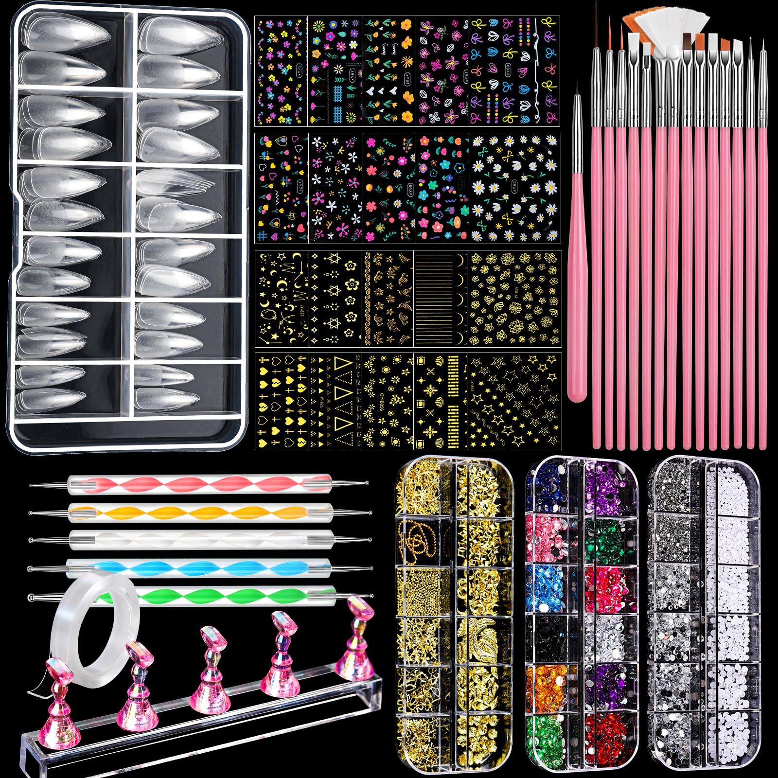 FANDAMEI Nail Art Brushes Nail Art Kit with Nail Art Brush Dotting Tools Nail Rhinestones Pearls Nail Charms