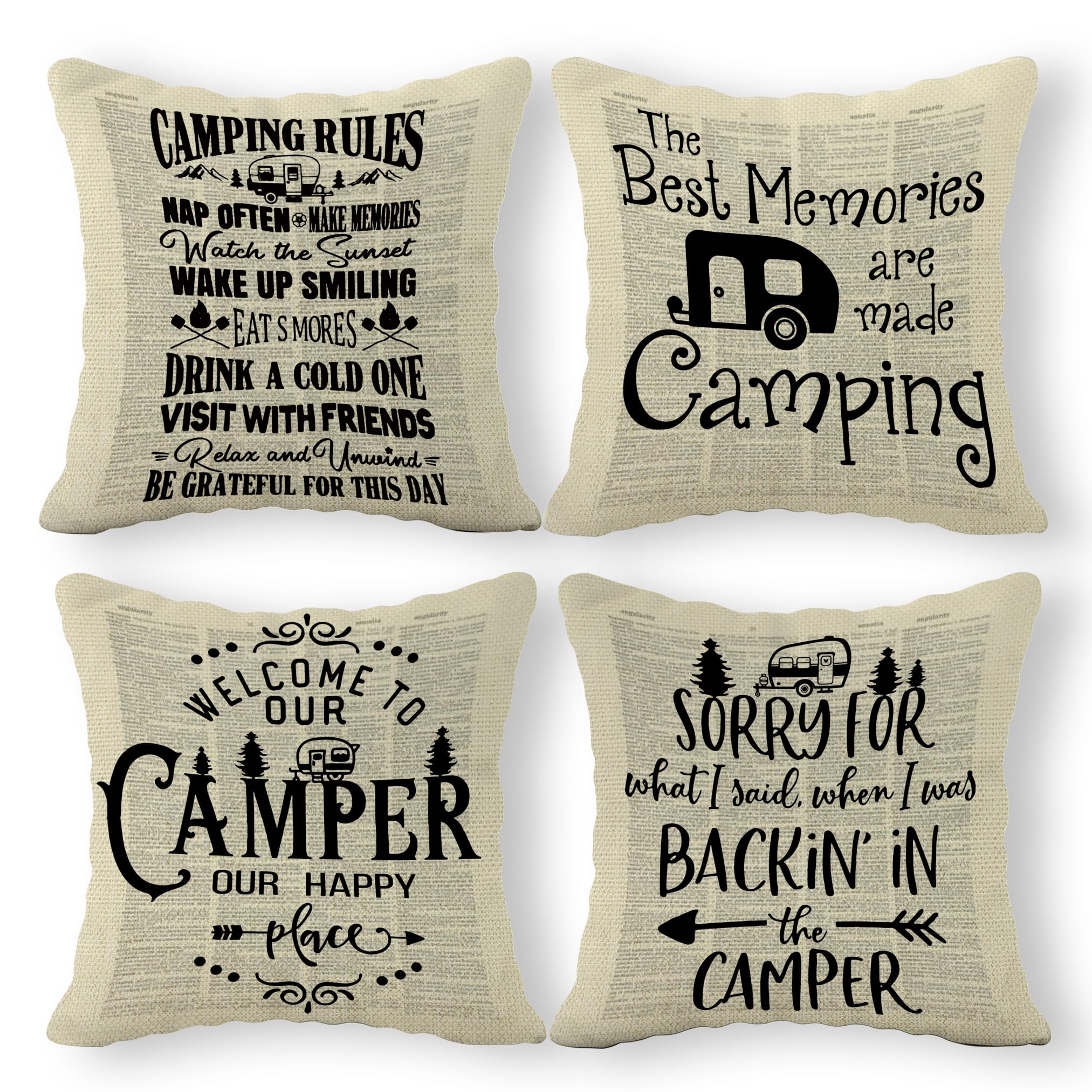 Happy Camper - Set di 2 federe in lino, 45,7 x 45,7 cm, regalo per gli amanti del campeggio, decorazione per camper, decorazione per camper, per divano e letto