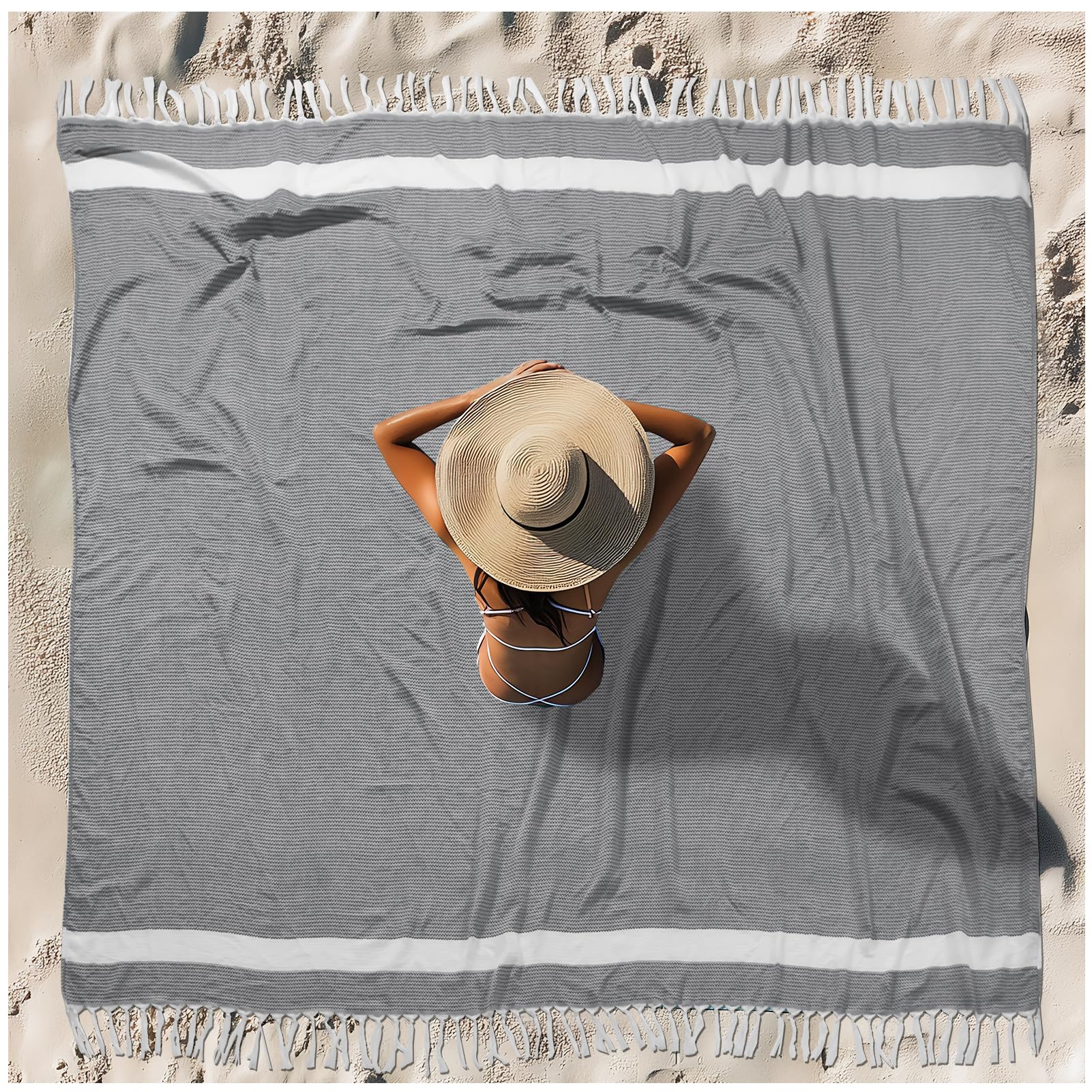 Photo 1 of Oversized Turkish Beach Towel Blanket XXL Cotton Sandproof Towels Boho Woven Extra Large Big Sand Free Giant Throw Blankets Huge Quilt XL Picnic Camping Necessities Cloud For Adult Gifts Black