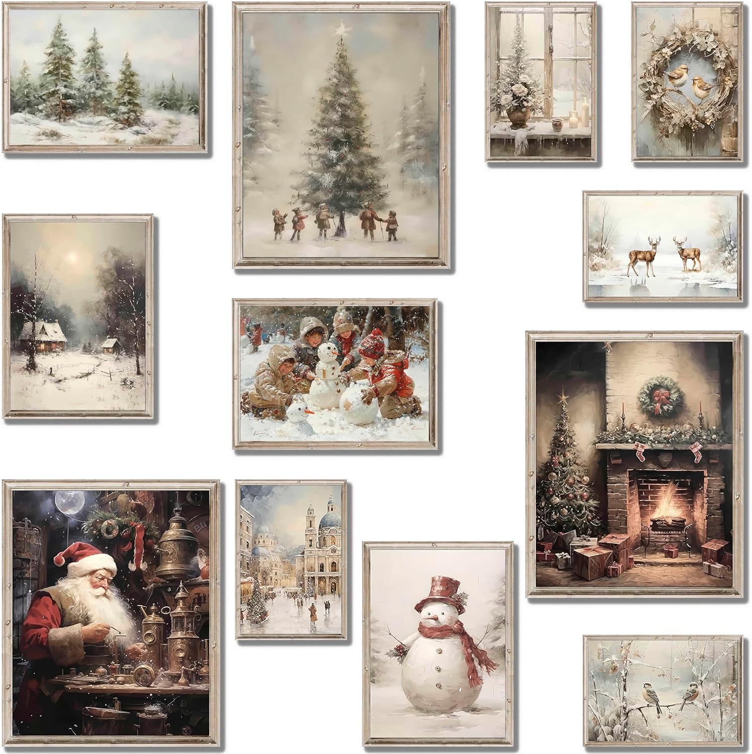 LANCHI95 12 impresiones artísticas vintage de Navidad, decoración de pared de Navidad, reno, pino, Papá Noel, muñeco de nieve, decoración de escena