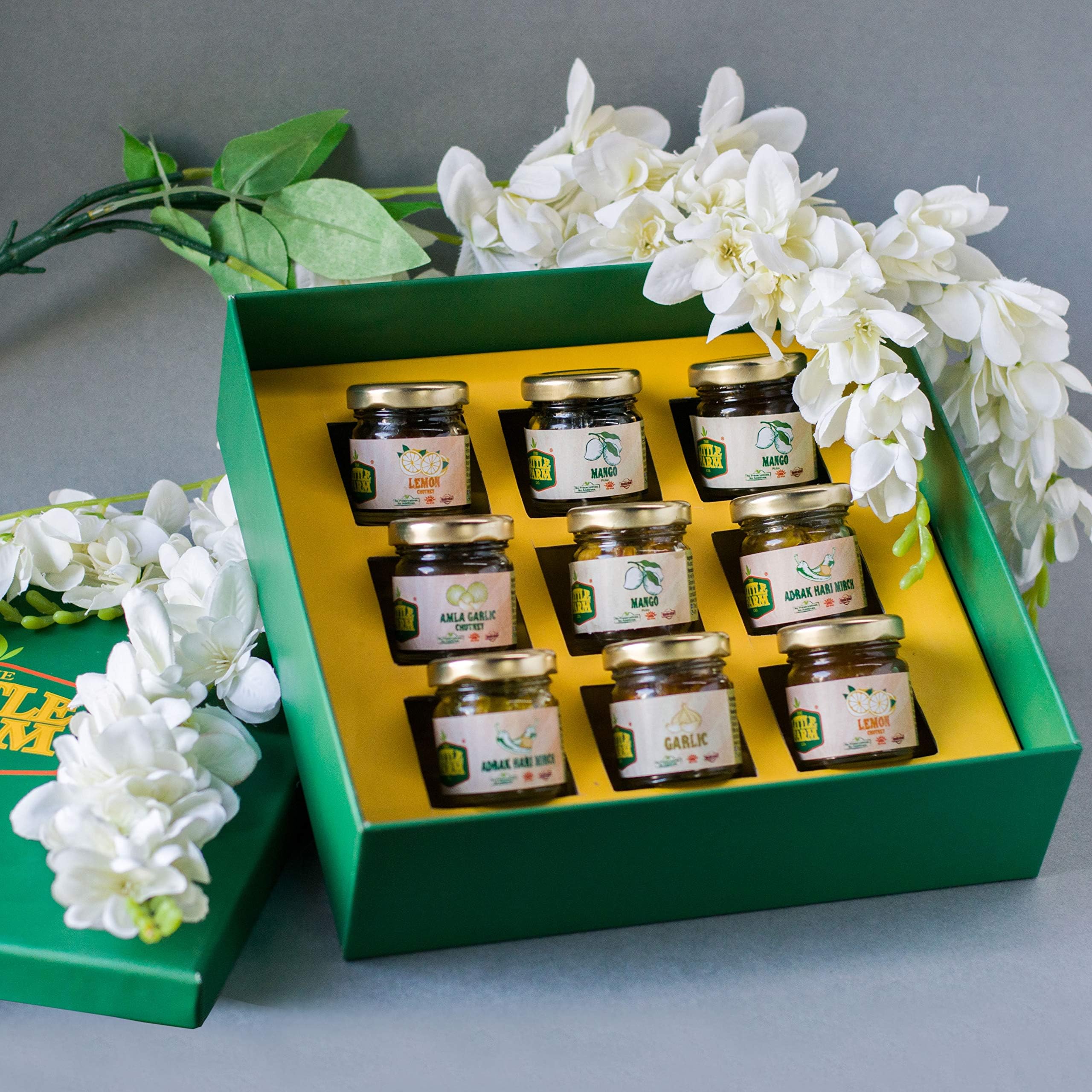 The Little Farm Co. Memory Box - Artisan Pickles Combo with Mango, Gobhi Gajjar Shalgum, Lemon, and Mango Chutney - Ideal Diwali Gift for Nostalgic Flavors and Cherished Memories