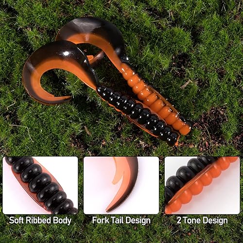 Miniatura 2 de Dr.Fish Paquete de 10 señuelos de pesca suaves de grub, cebos de plástico suave de 3 pulgadas, gusanos de pesca, cebos de cola de cinta, cebo de