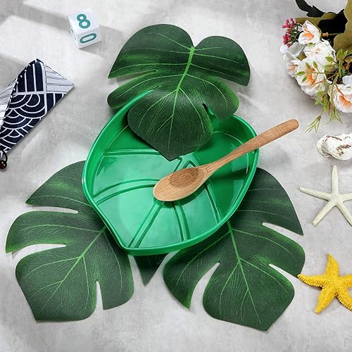 Miniatura 6 de Bandeja de bocadillos de hojas de palmera, estilo hawaiano, reutilizable, con hojas de plantas verdes de imitación tropical, chips de galletas,