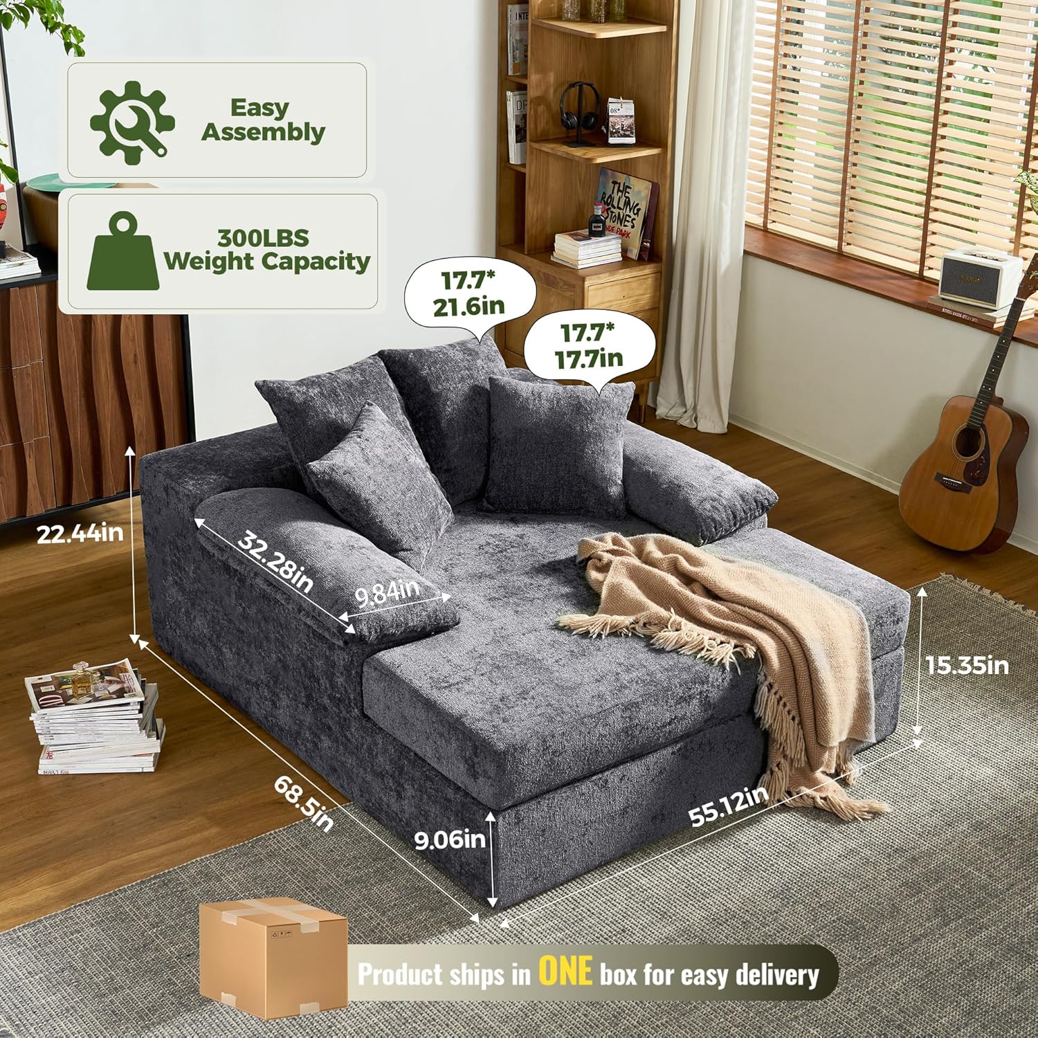 68" Chaise Lounge Chair Indoor, Oversized Chenille Upholstered Boneless Sofa Bed, Deep Seat Sleeper Couch Reading Chairs, Cloud Sofas Couches with Armrests and 4 Pillows for Living Room, No Assembly