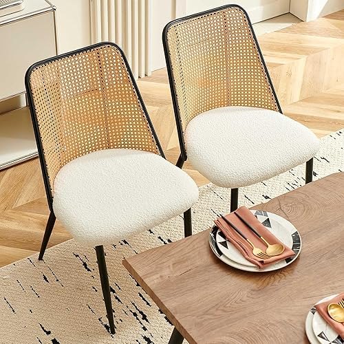 Miniatura 7 de NORDICANA Juego de 4 sillas de cocina y comedor, sillas modernas sin brazos con respaldo de ratán, asiento tapizado beige boucle, patas de metal