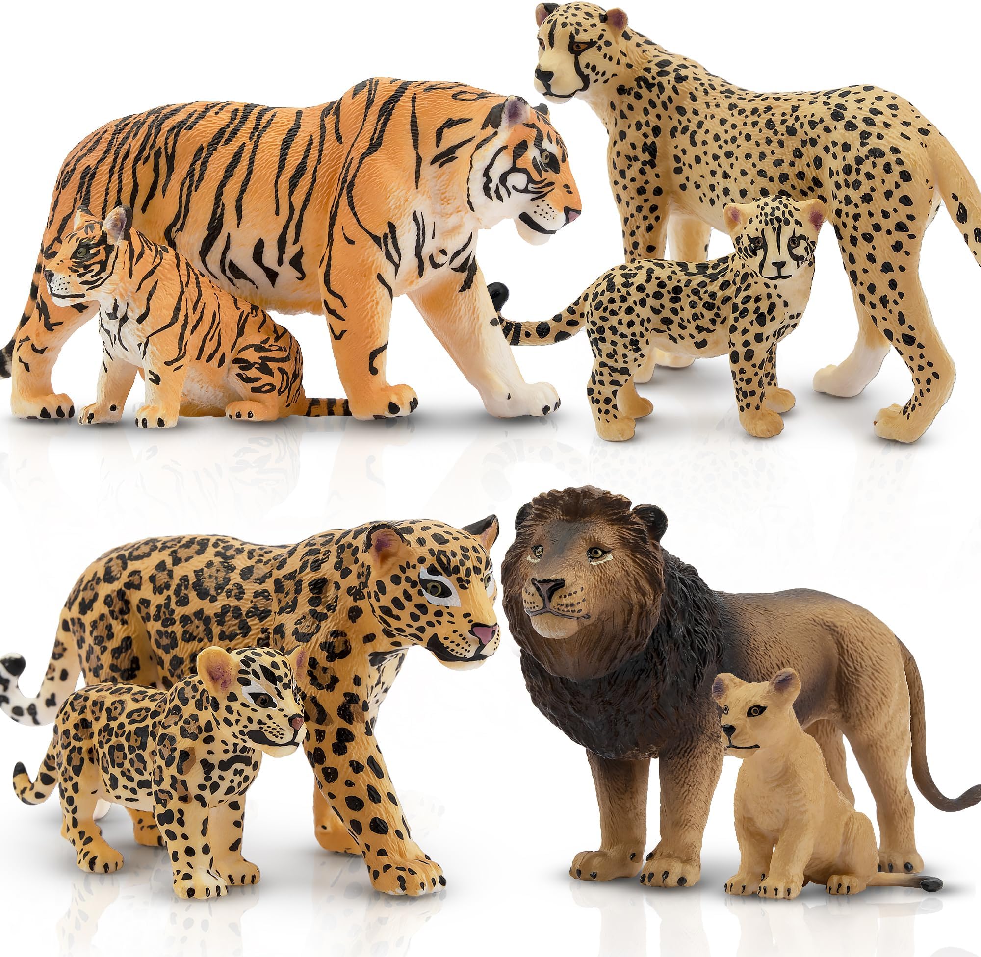 Toymany 8PCS Realistic Lion Tiger Cheetah Leopard Figurines Toy | Plastic Wild Jungle Animals Figures with Cub Playset, Educational Toy, Cake Topper Christmas Birthday Gift for Kids Toddlers