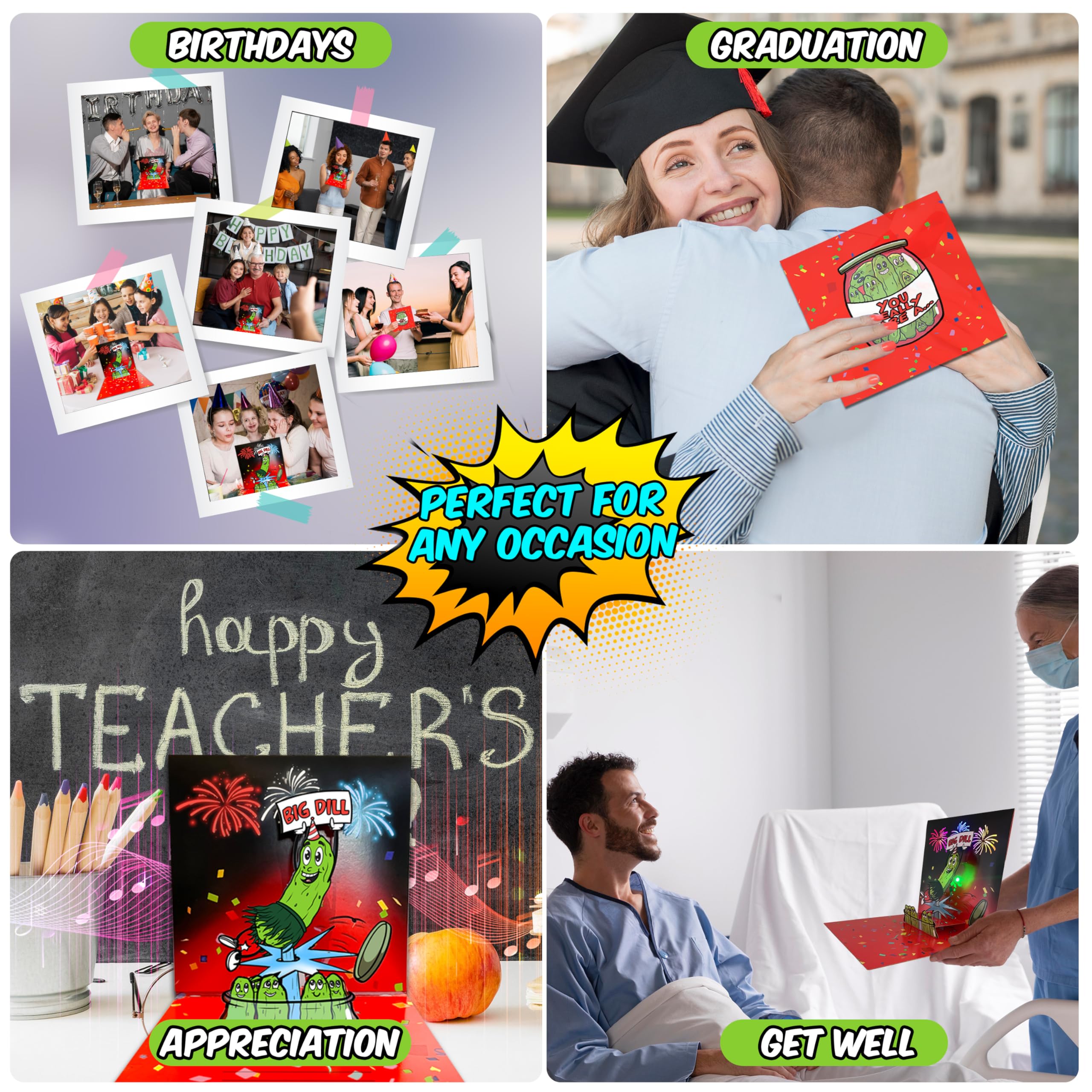 Divertida tarjeta de pepinillo con sobre, tarjeta de cumpleaños emergente interactiva para hombres, mujeres y niños para todas las ocasiones, tarjeta de felicitación iluminada para cantar, divertido