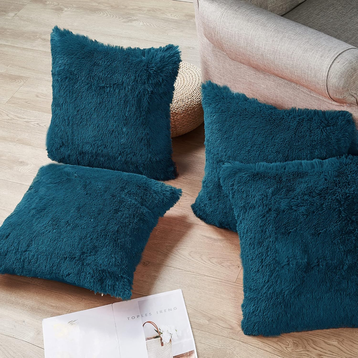 Shaggy Furry Fluffy Faux Fur Decorative Square Throw Pillow Covers 20 x 20 Inches Set of 4, Plush Soft Luxury Cushion Case Pillowcase for Couch Bed Car Bedroom Living Room, Teal