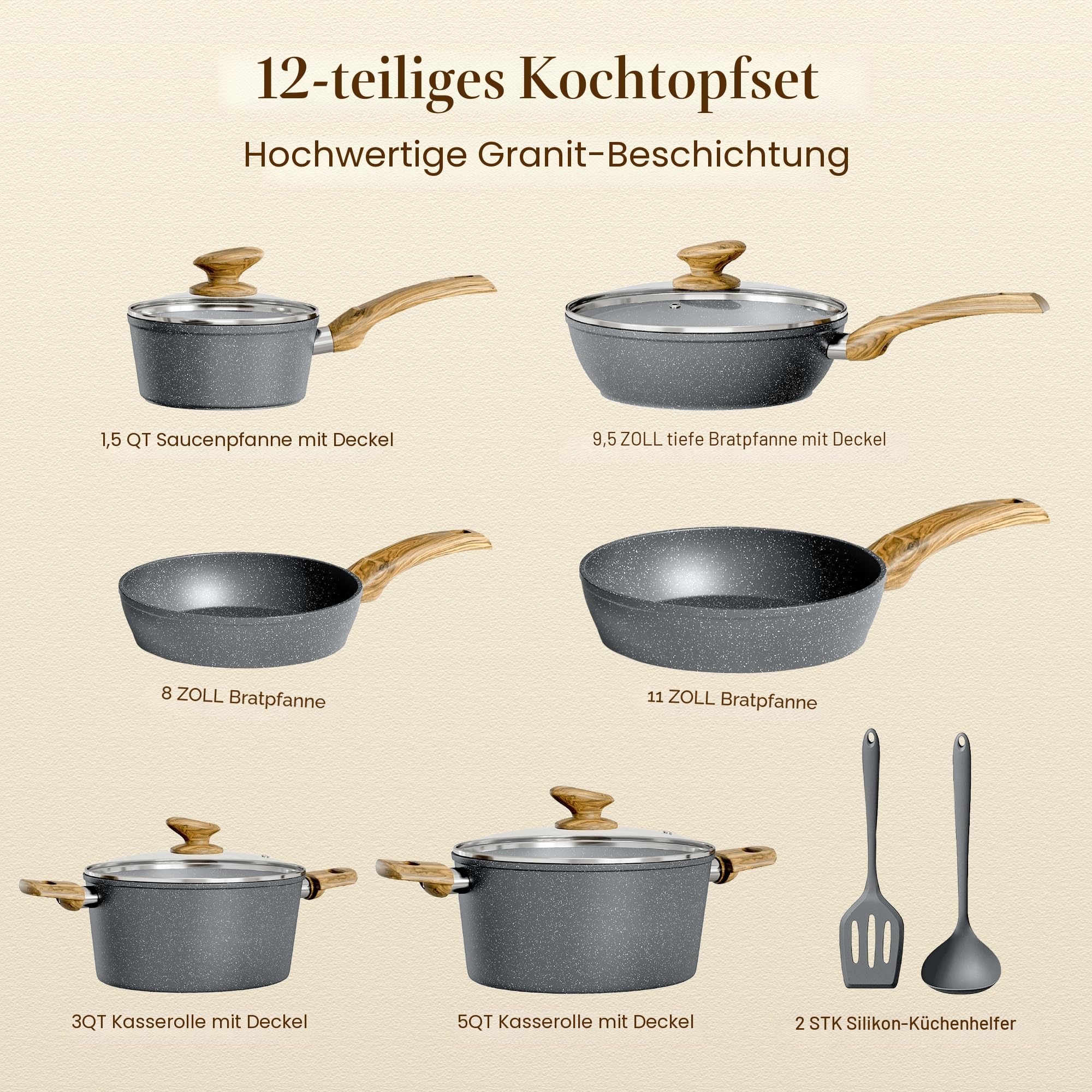Kitchen Academy Induktion Töpfe Set - 12-teilige Grau Granit Kochtöpfe Set,Antihaft Topfset und Pfannen Set,PFOA & PFOS-freie