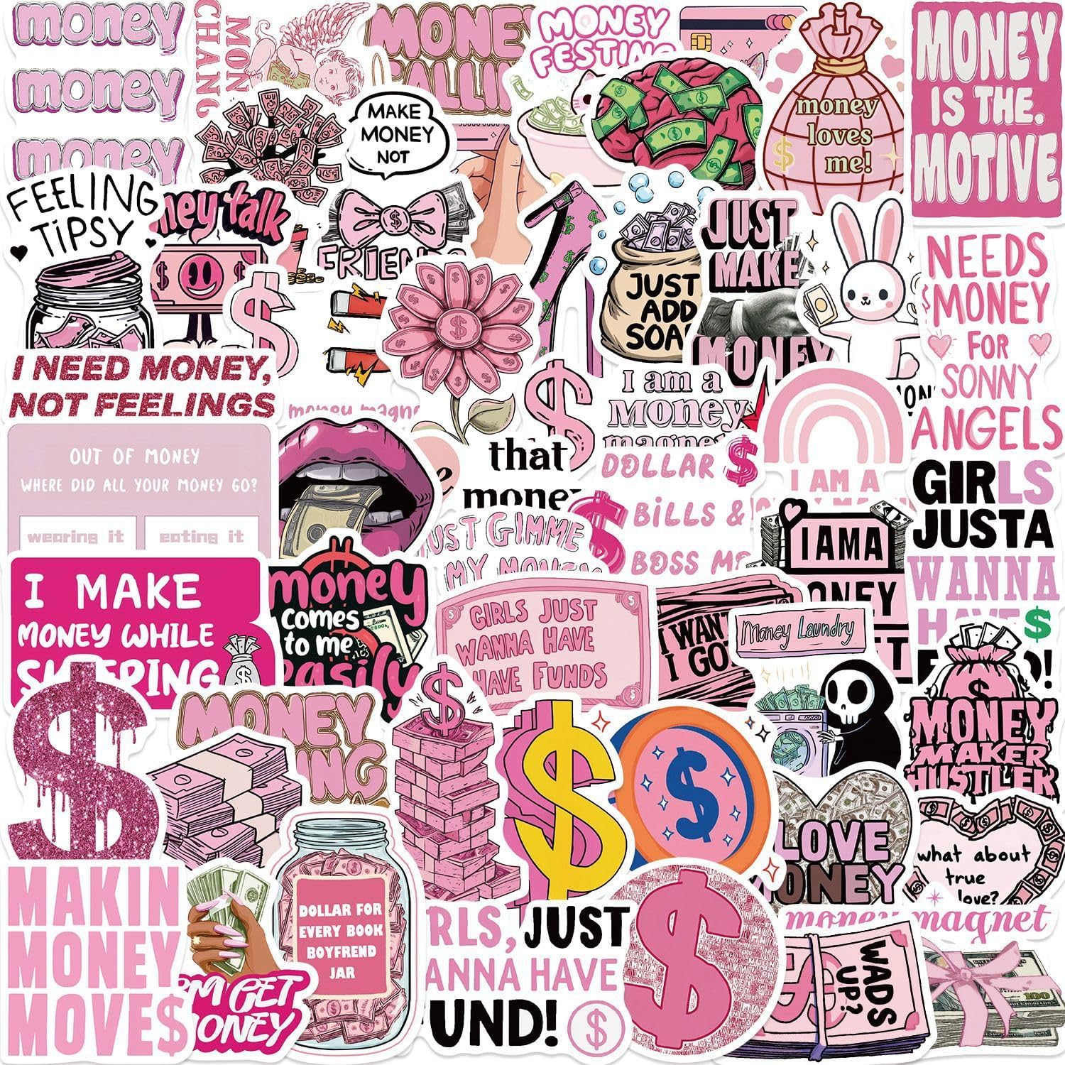 Funny Pink Make Money Y2K Aesthetic Stickers for Women, 50PCS Cute Love Money Waterproof Stickers for Water Bottles Laptop Scrapbook Journal, Cool Dollar Sign Decals, Party Supplies
