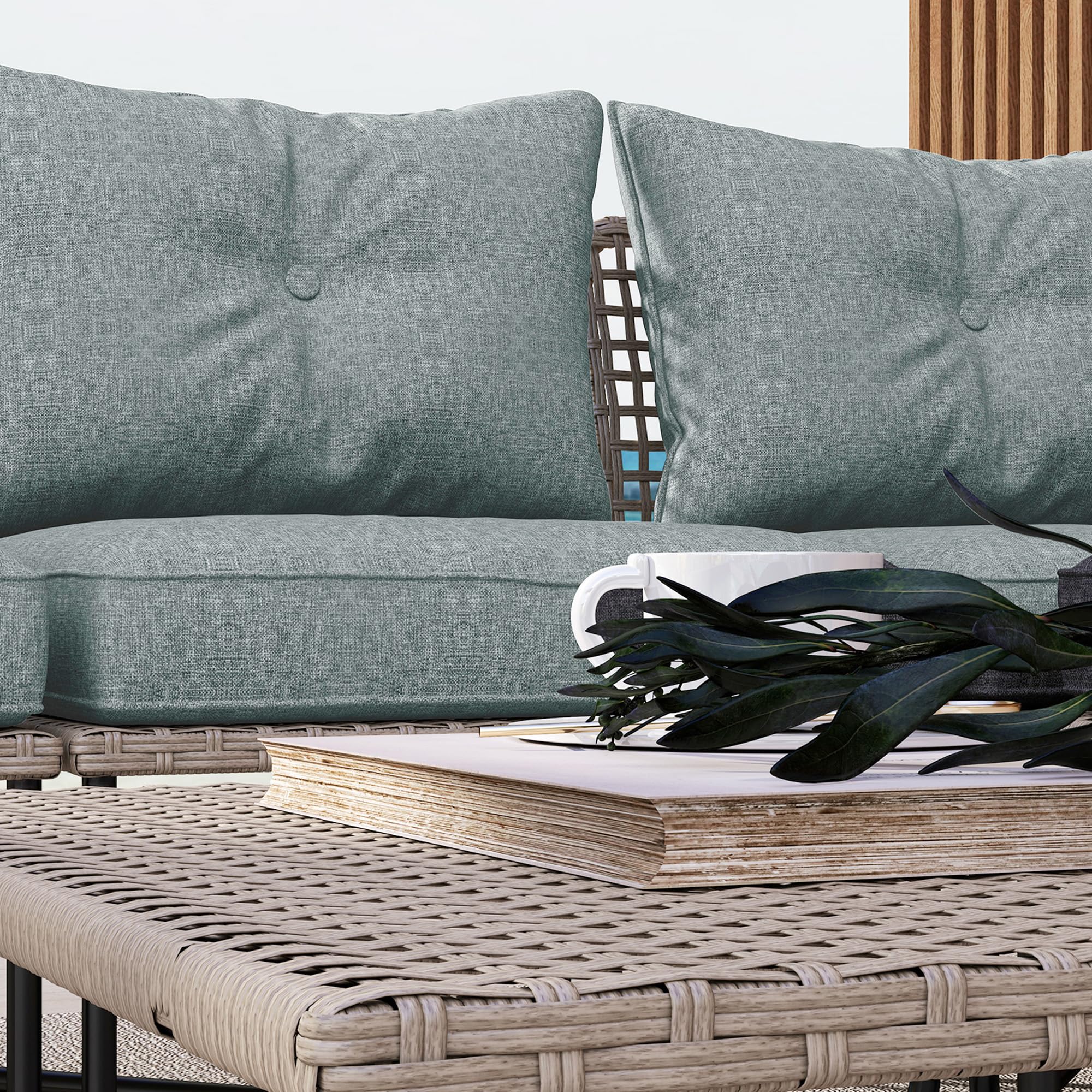 Set da Giardino Outsunny 5 Pezzi Rattan con Sedie e Sgabelli, Esterno Grigio e Legno