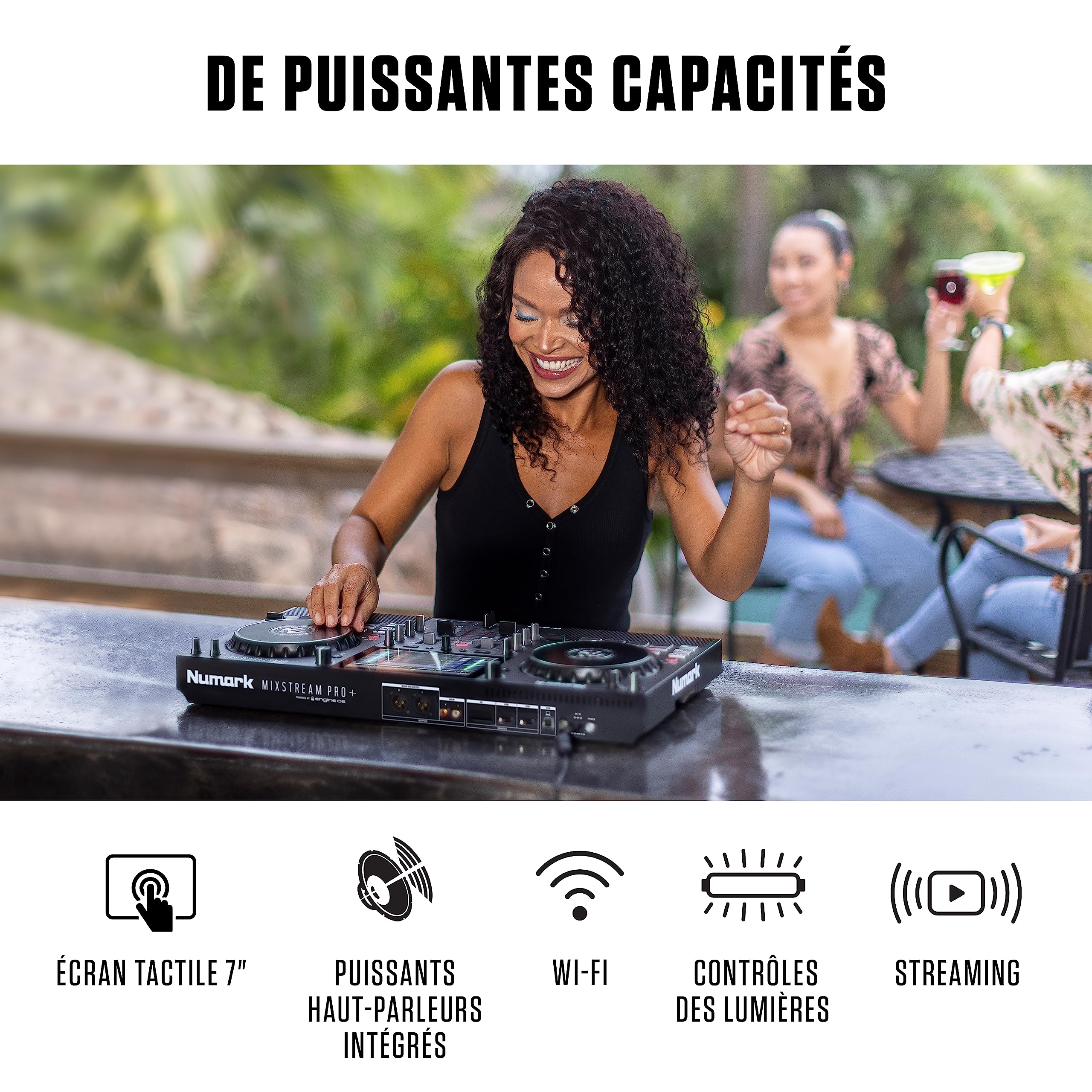 Numark Mixstream Pro+ contrôleur DJ avec séparation Stems, 2 platines, Wi-Fi, mixeur, écran tactile 7", haut-parleurs, compatible Serato et Virtual DJ