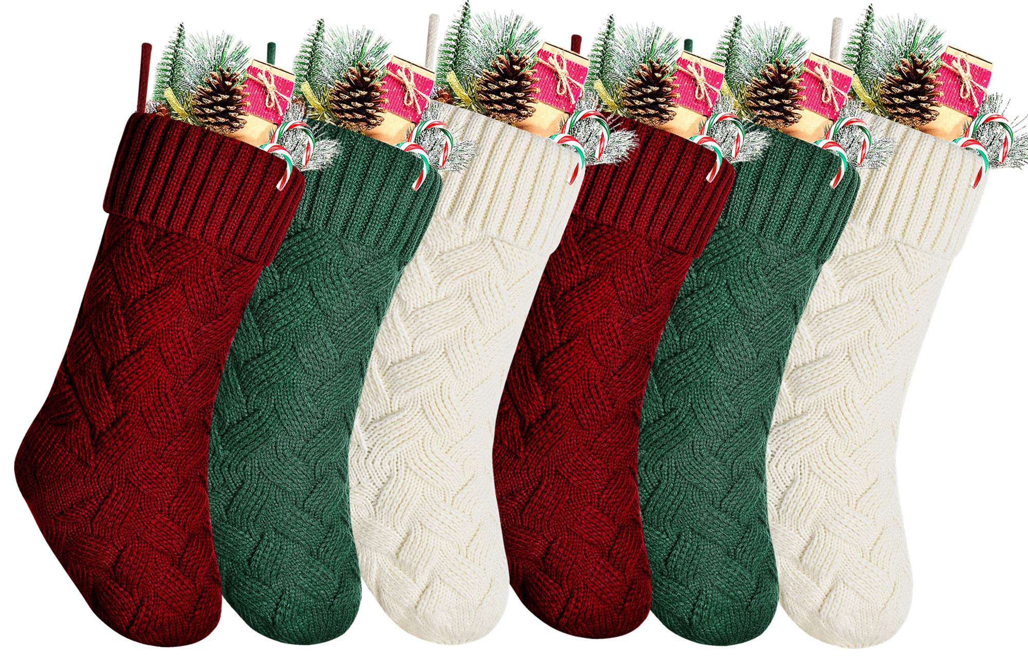 Kunyida Pack 6,14" Burgundy Green Ivory Knit Christmas Stockings for Fireplace Hanging