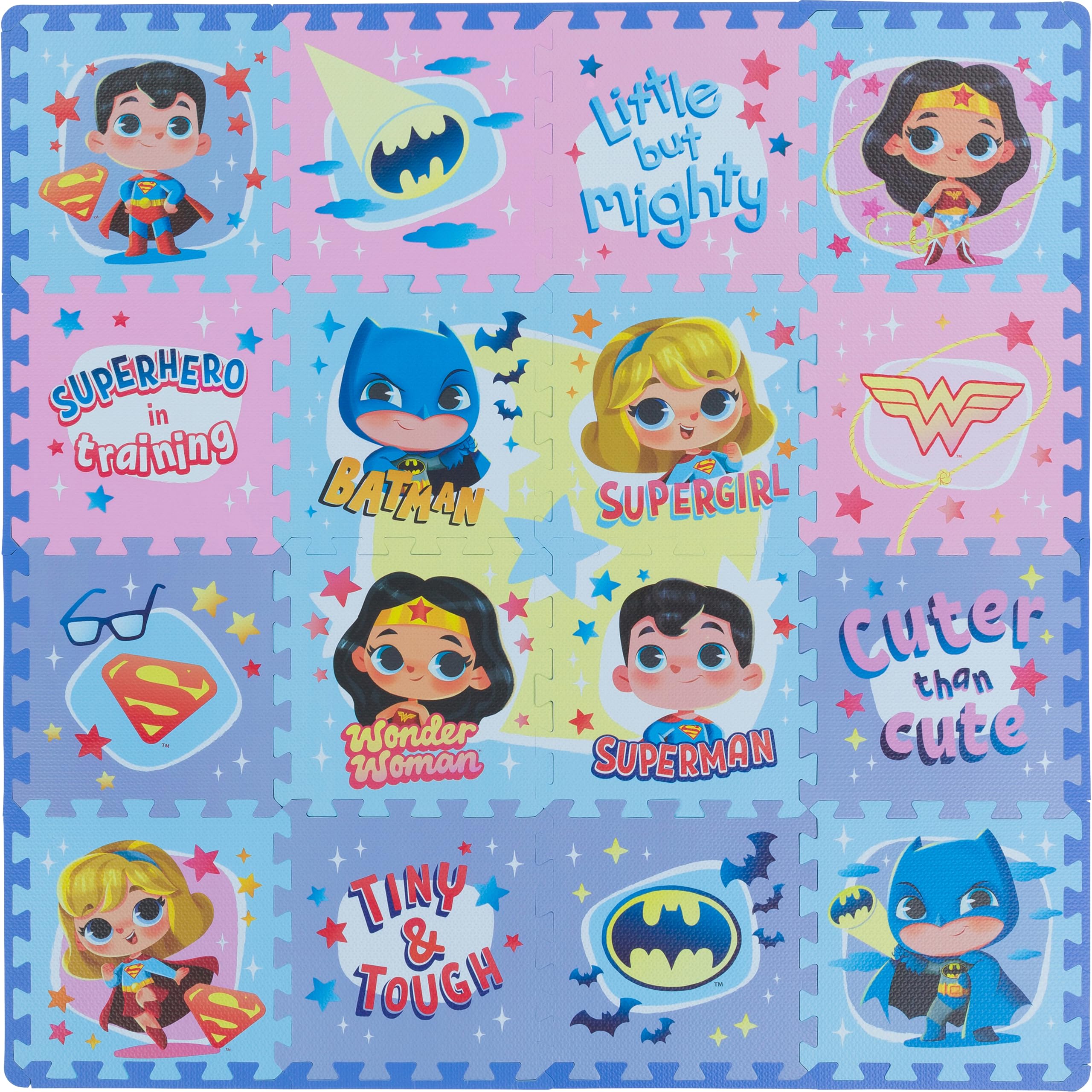 DC Superhero EVA Foam Puzzle Mat - Soft, Non-Toxic Baby Play Mat for Tummy Time, Kids Preschool & Nursery - 16 Tiles, 12x12”, 24 Borders - Playroom Activity Gym Playmat Boy & Girl Toddlers - KC Cubs