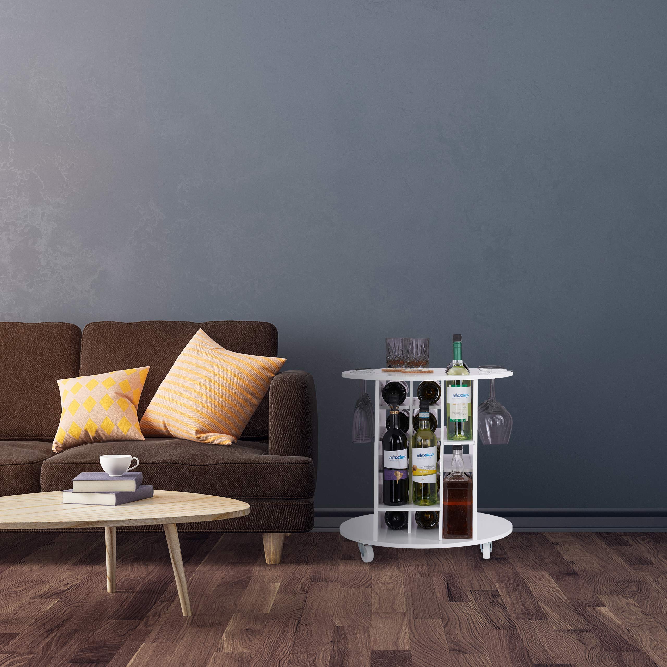 Relaxdays, Biały regał na wino na kółkach obracających się o 360°, 6 uchwytów na kieliszki, do przechowywania wina na 17 butelek, okrągły, wys. x śr.: 56 x 54 cm