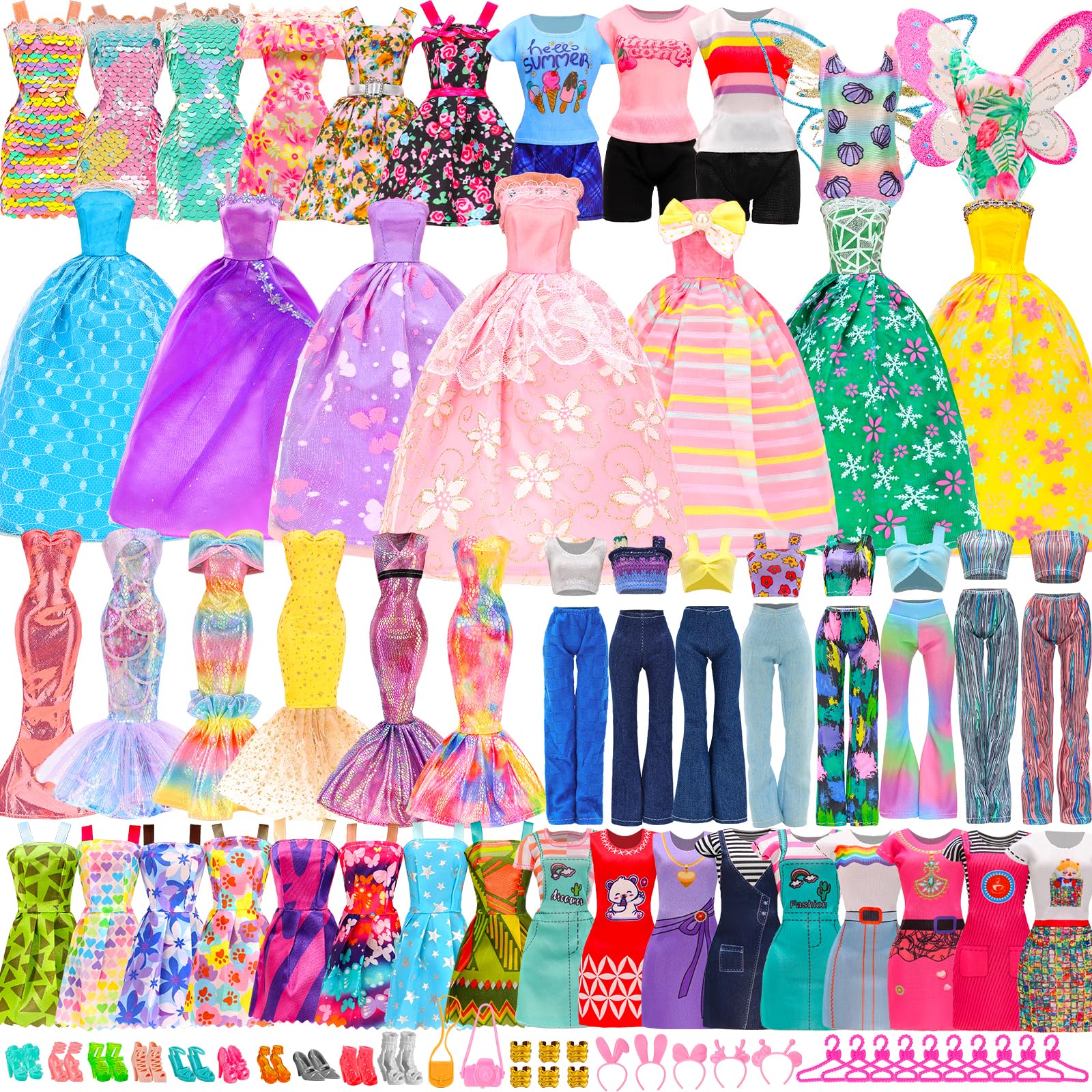 Miunana 18 Pcs 11.5 inch Girl Doll Clothes: Fashion Sequin & Floral Dresses, Tops, Pants, Shorts, Swimwear, Party Dresses & Wings Costume - Random Style Gifts for Girls