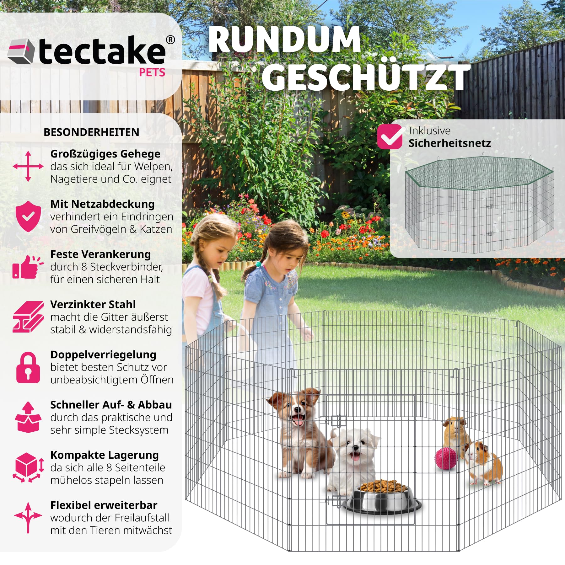 tectake® Freilaufgehege mit Sicherheitsnetz, Ø 204 cm, Welpenauslauf, Kleintierstall mit 8 Gitter, Kleintiergehege für Innen und Außen, Tierlaufstall mit Tür, Ideal für Kaninchen und Meerschweinchen