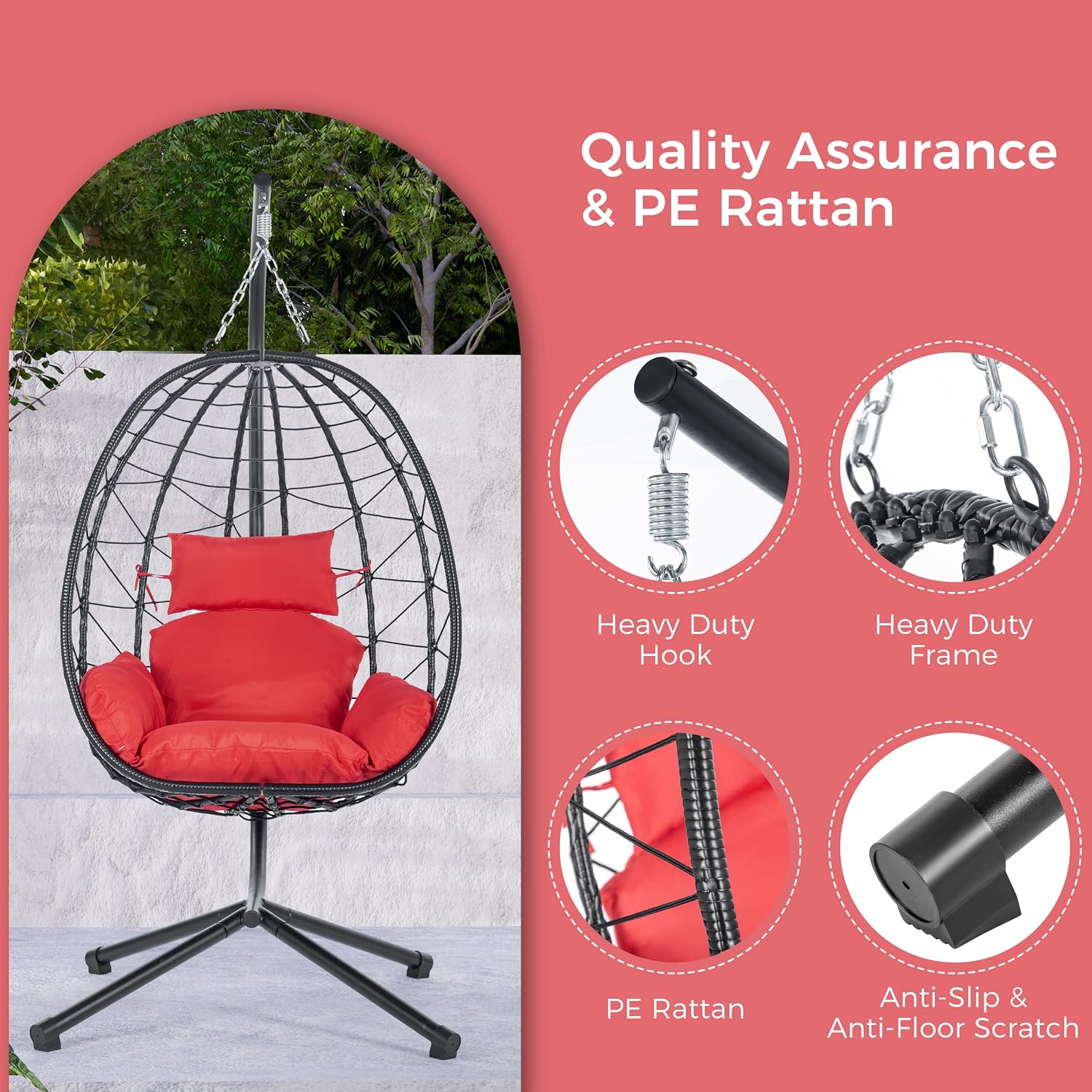 77" Indoor Outdoor Swing Chair Egg Chairs with Stand,Patio Wicker Hanging Hammock W/Cushion,Steel Frame,Load:350 lbs,for Hotel,Apartment,Mall,Leisure Facilities,Red