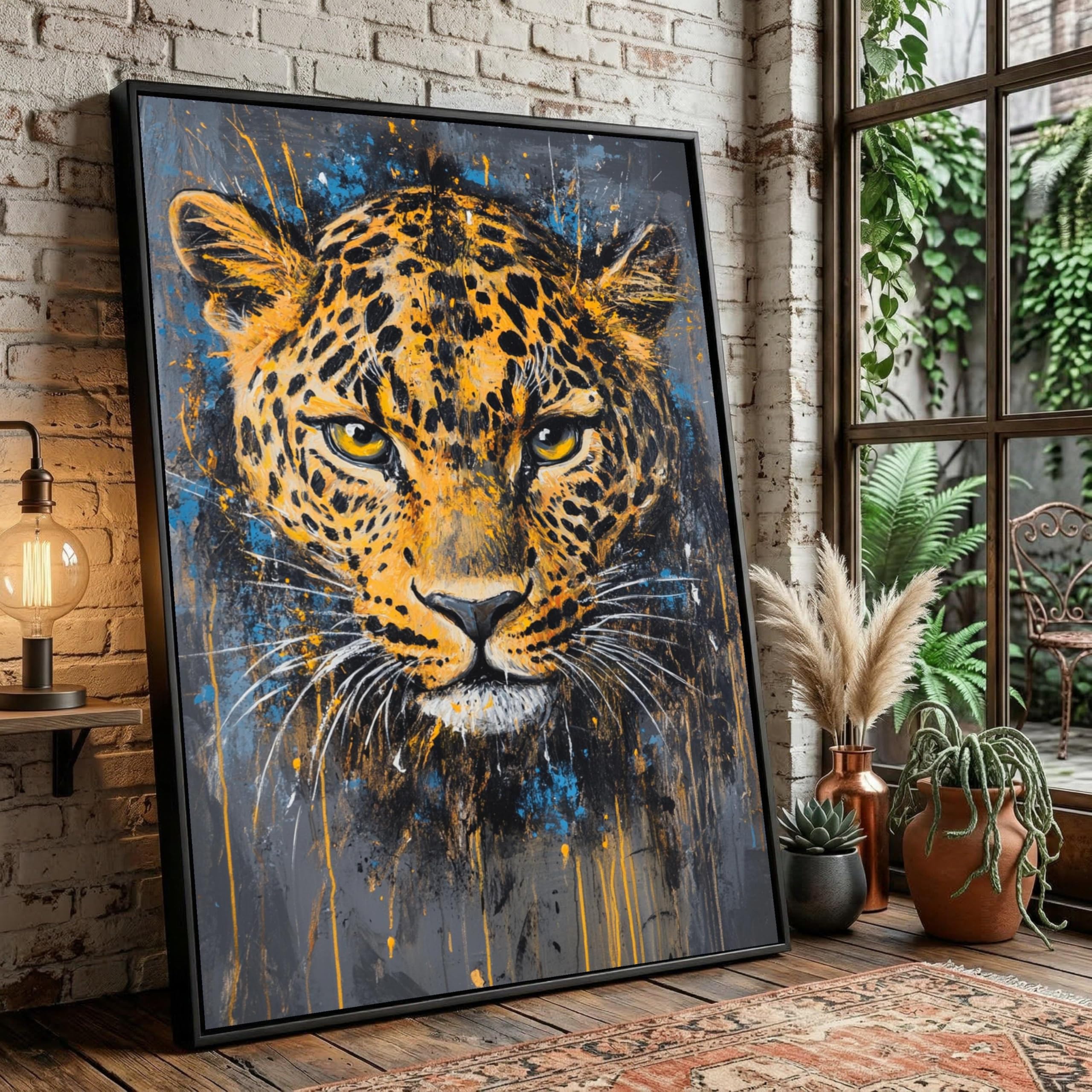 LMYCHENG Fierce Leopard Face Oil Painting Canvas Art, Abstract Animal Portrait Posters, Jungle Wall Art Decor Pictures(70x110cm/Frameless)