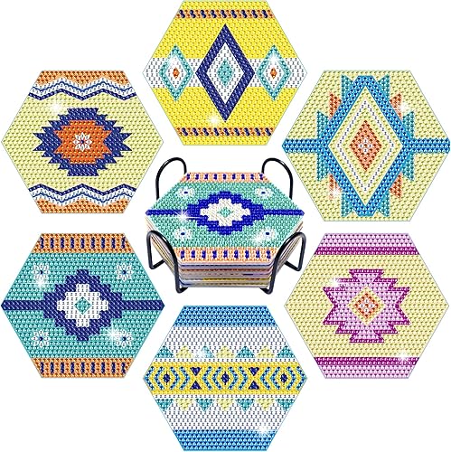 Vcekract Kit de posavasos de pintura de diamante, 6 posavasos de pintura de diamante hexagonal con soporte, arte de diamantes para adultos, kit de