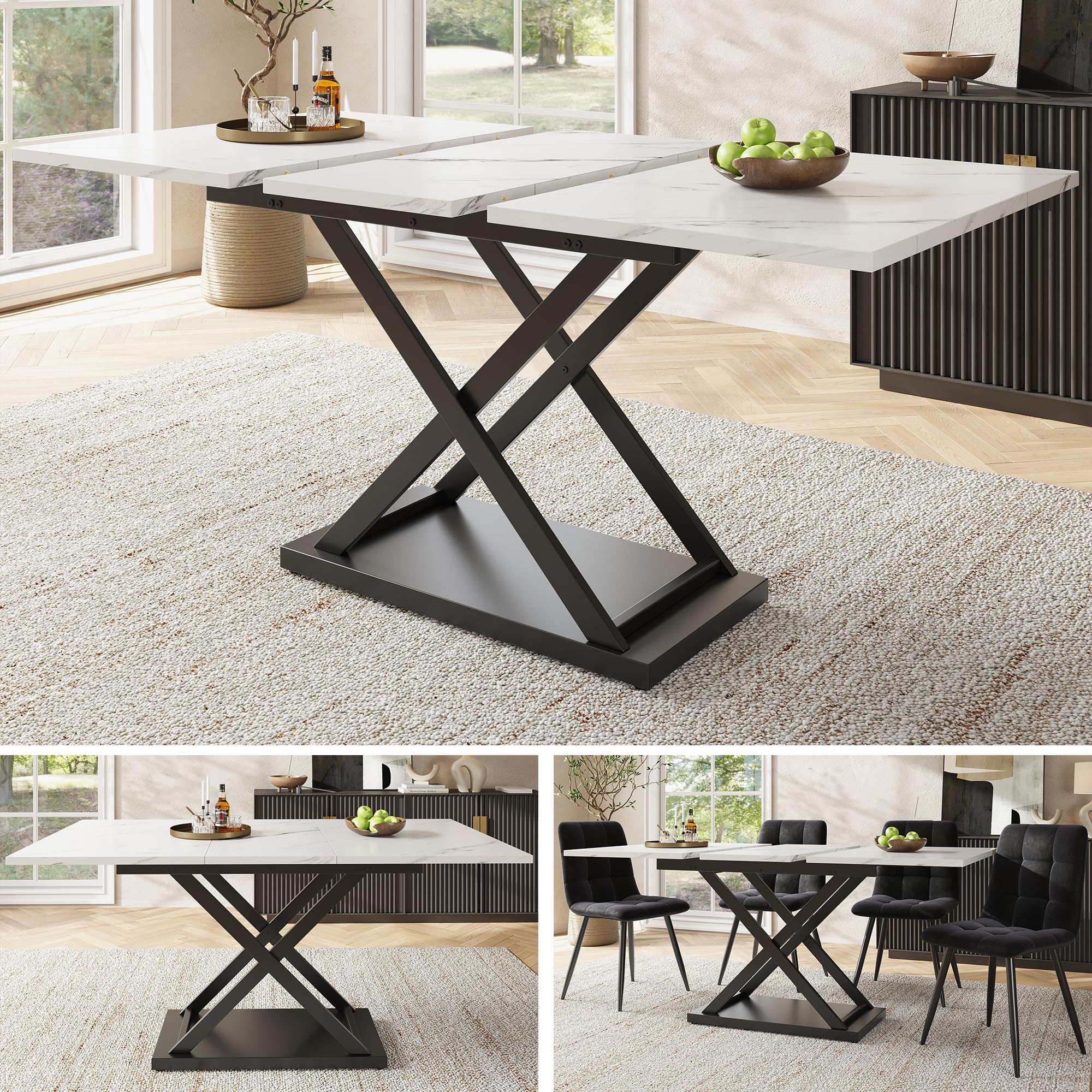 Merax Ausziehbarer Esstisch(120-160×80cm), rechteckiger Marmor Esstisch für 6-8 Personen, für Küche und Wohnzimmer, Marmor