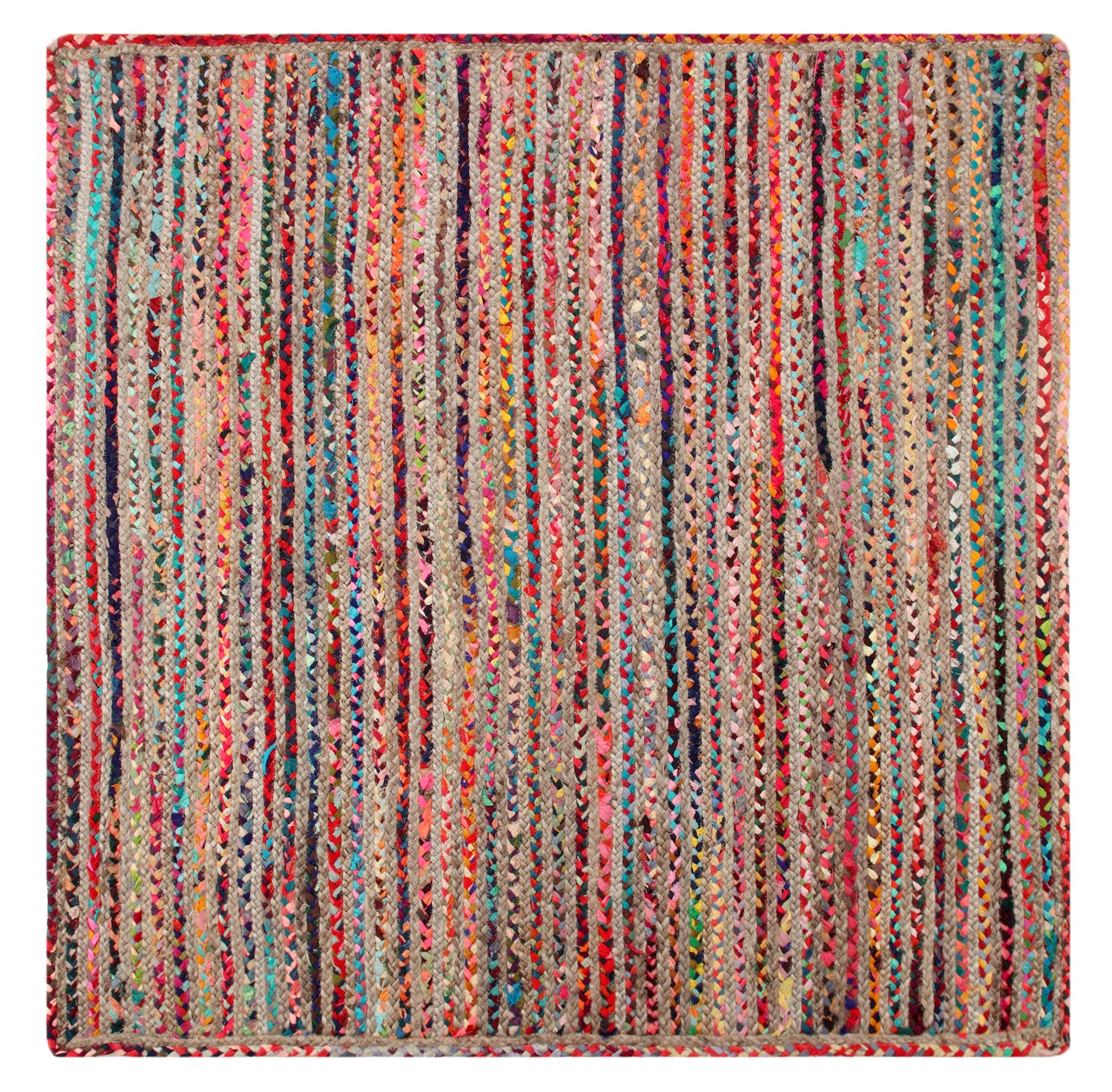 Mishran Grand tapis tressé carré écologique tissé à plat en jute naturelle et matériau recyclé multicolore 180 cm x 180 cm