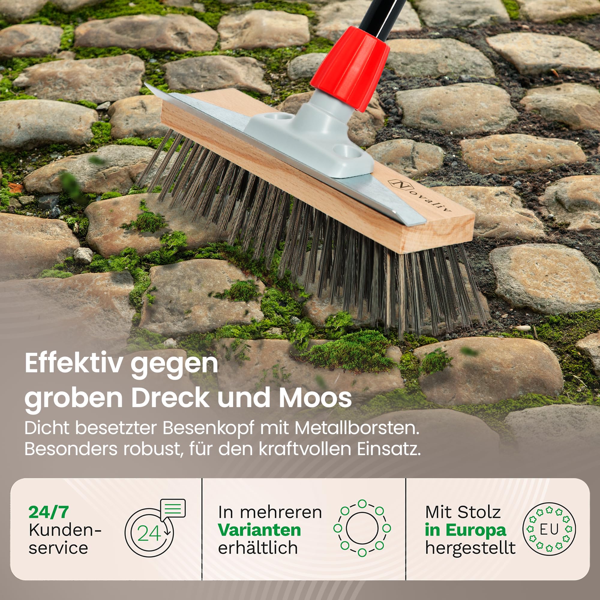 Novaliv 2 robuste spazzole in acciaio con manico in acciaio con manico in 4 pezzi, efficace rimozione del muschio, scopa per pavimentazione e giardino, scopa in acciaio, raschietto per muschio, scopa