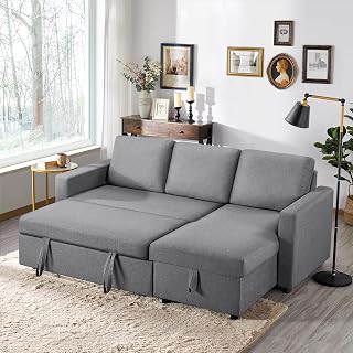 Yaheetech Sleeper Sofa Pull Out Sofa Bed 2 in 1 Sectional Sleeper Couches with Chaise L-Shaped Reversible Daybed with Pull Out Bed & Storage for Living Room Bedroom Apartment Light Gray