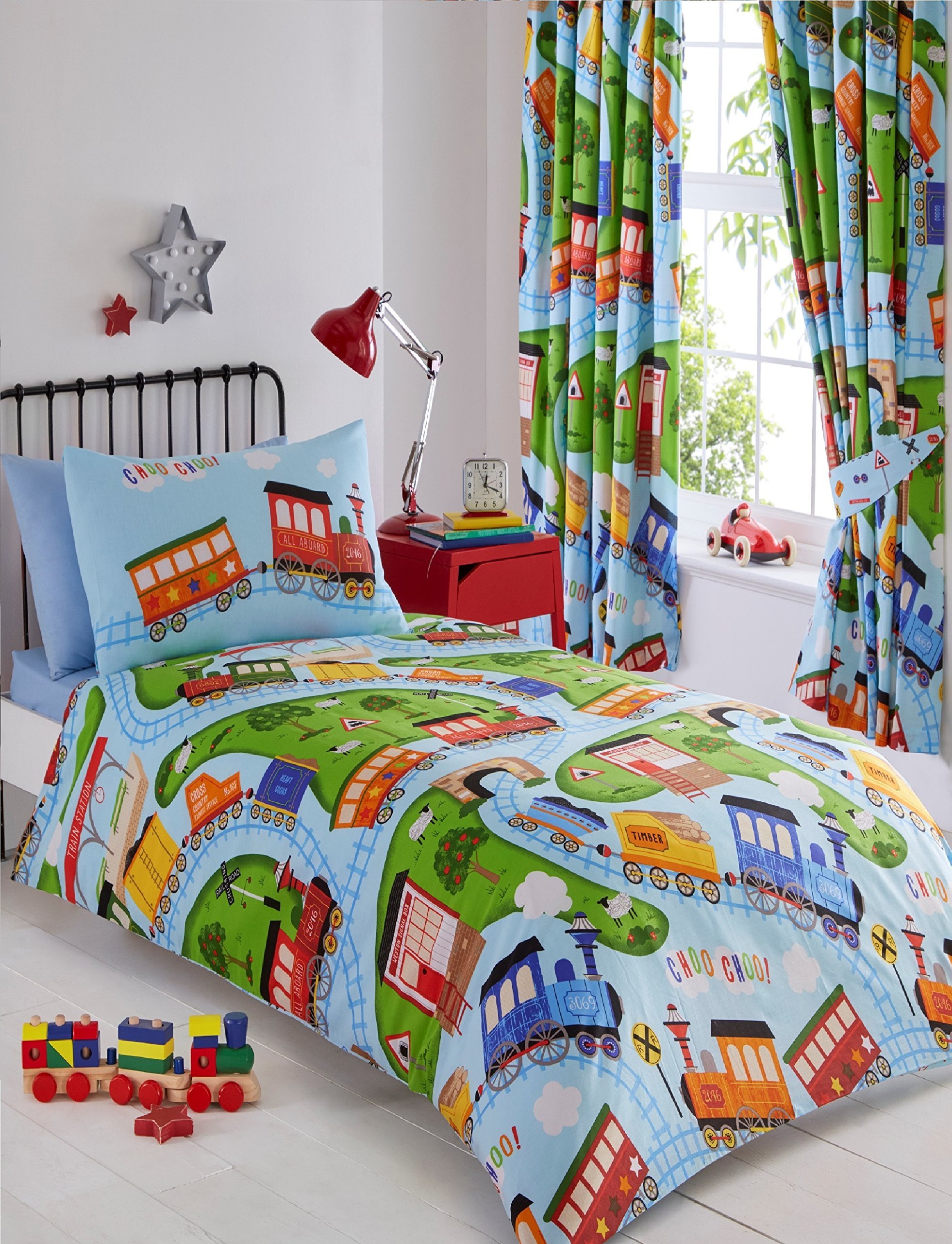Kids Club Multi-Colour Trains Fully Lined Pencil Pleat Headed Curtains, Polyester-Cotton, 182 X 167 Cm