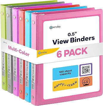 Enday 1/2 inch Binder 3 Ring Binder 6 Pack - Assorted Colors O-Ring Binder with Clear View Cover and 2 Inside Pocket - for Letter Size 8.5 x 11 Paper, Ideal for School Supplies, Office, and Home