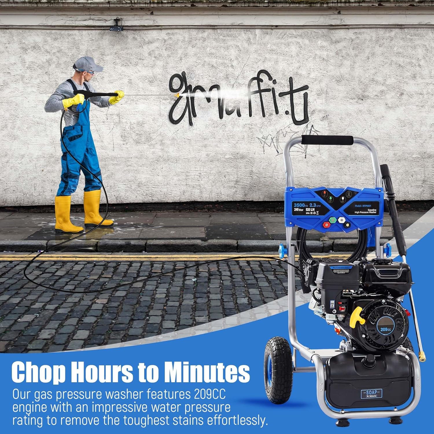 Gas Powered Pressure Washer 3500 PSI, 2.3 GPM Heavy Duty High Power Washer,209CC 7HP Engine with 25Ft Pressure Hose, Axial Aluminum Pump, Soap Tank, 4 Quick Connect Nozzle (Blue)