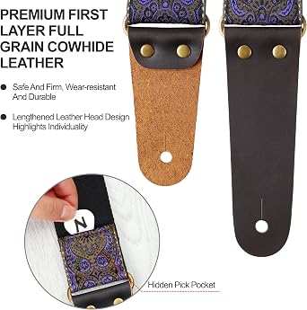 Nefelibata Guitar Strap with Leather Ends for Bass, Electric & Acoustic Guitars, with Free Strap Button, 1 Pair Strap Locks and 4 Guitar Picks