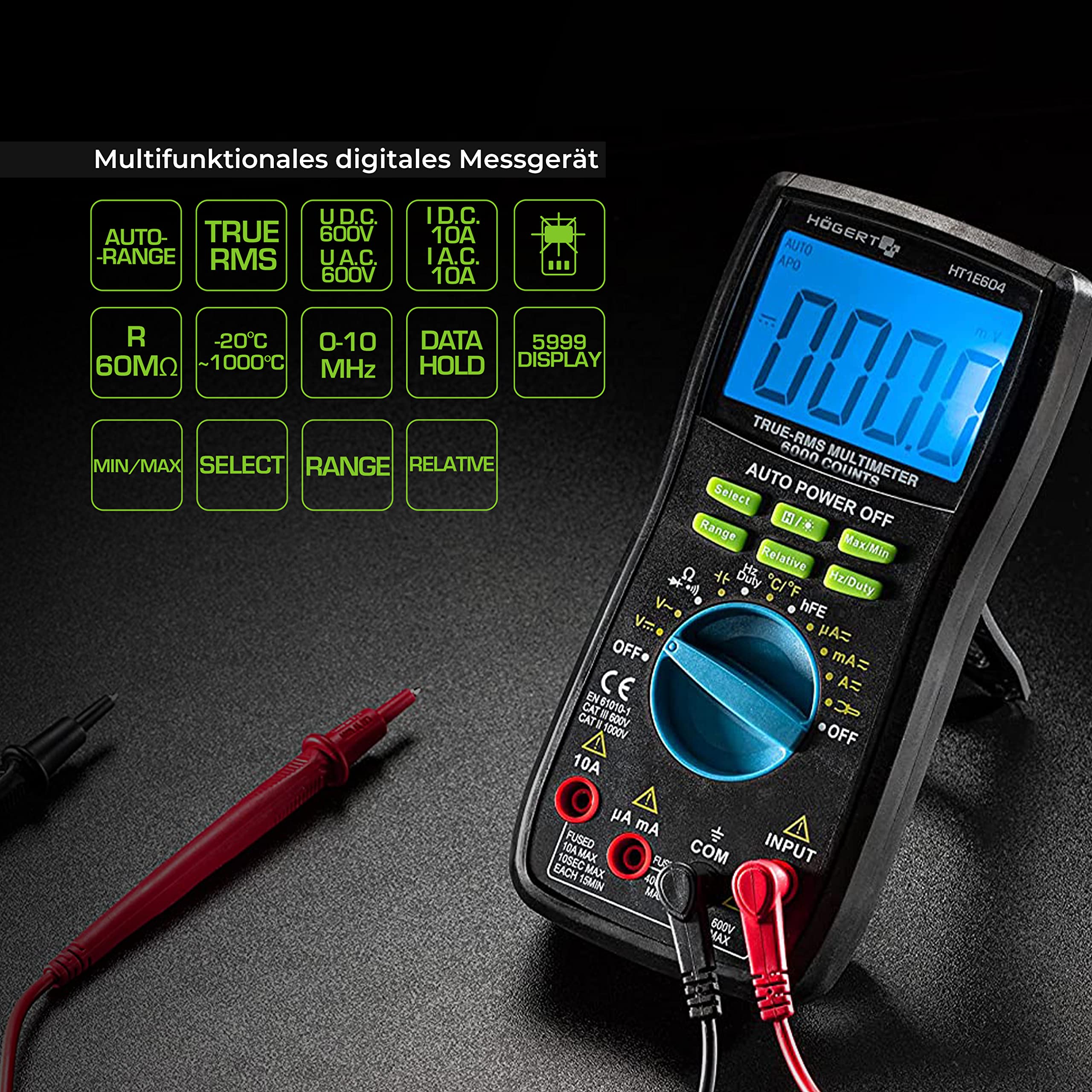 Högert Technik - Wielofunkcyjny cyfrowy miernik I multimetr do 600 V / 10 A I RMS I ekran LCD I gumowa powłoka I ergonomiczny i kompaktowy I łącznie z kablem pomiarowym I HT1E604