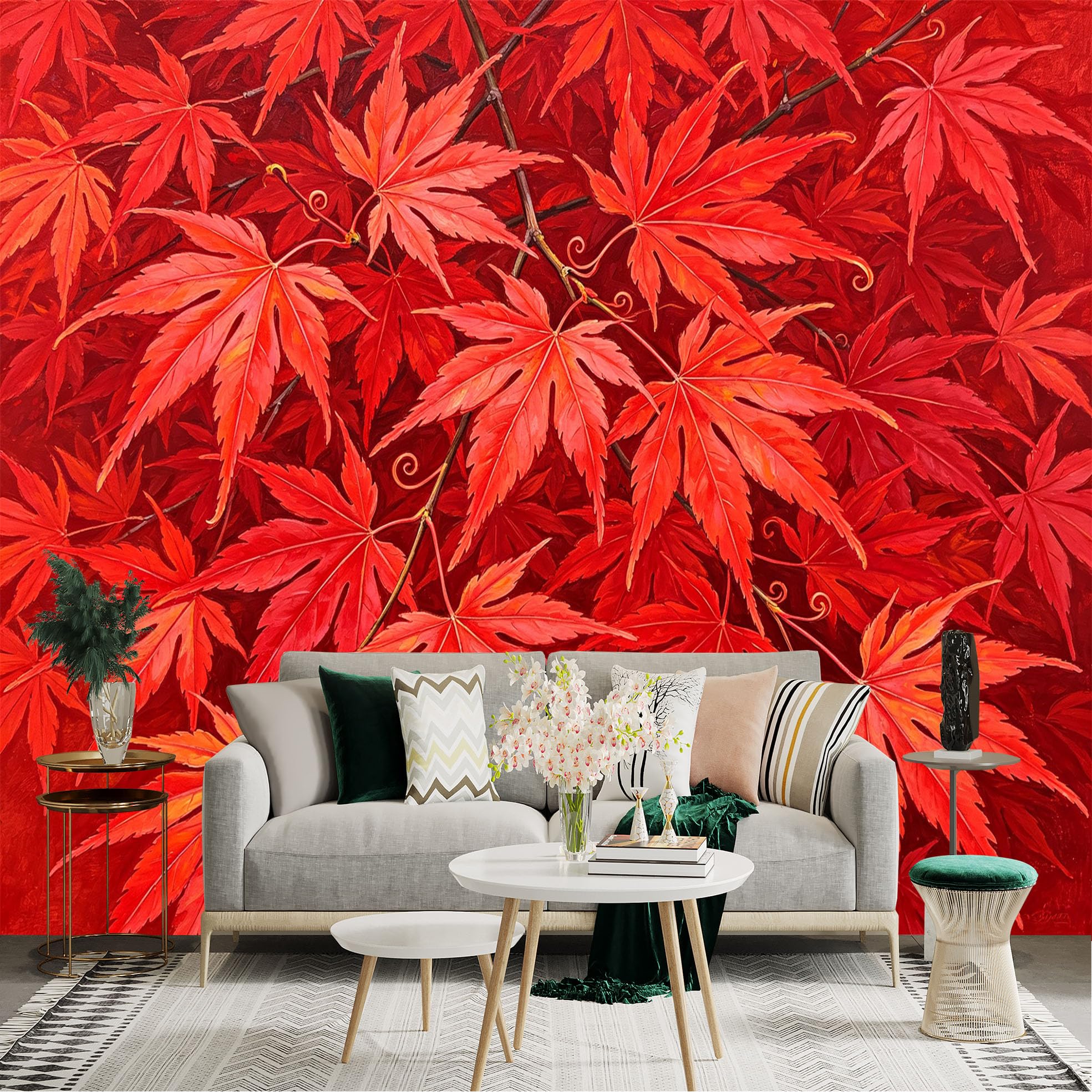 Lnzczhyre Dbh260521094 Custom Size Wall Sticker Mural， Vibrant Red Maple Leaves， Autumn Forest Foliage， Nature Botanical Art， Fall Season Decor， For Wall Decoration， Peelandstick Wall Decals.