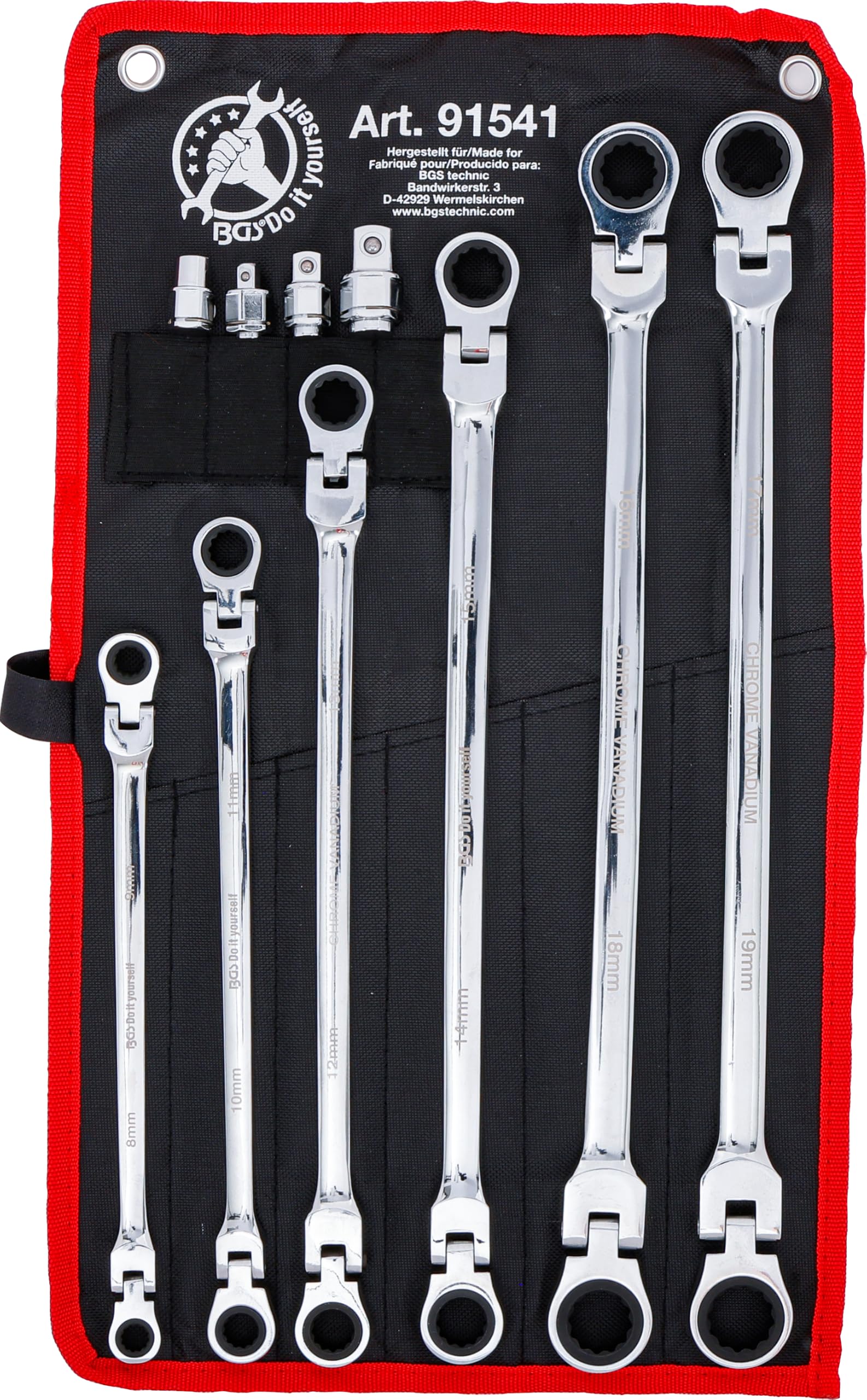 BGS Diy 91541 | Juego de llaves articuladas dobles con carraca | 8 - 19 mm | 10 piezas | Acero al cromo vanadio | 72 dientes | articulación 90° continua | adaptador para llaves de vaso | bolsa enrollable Tetron