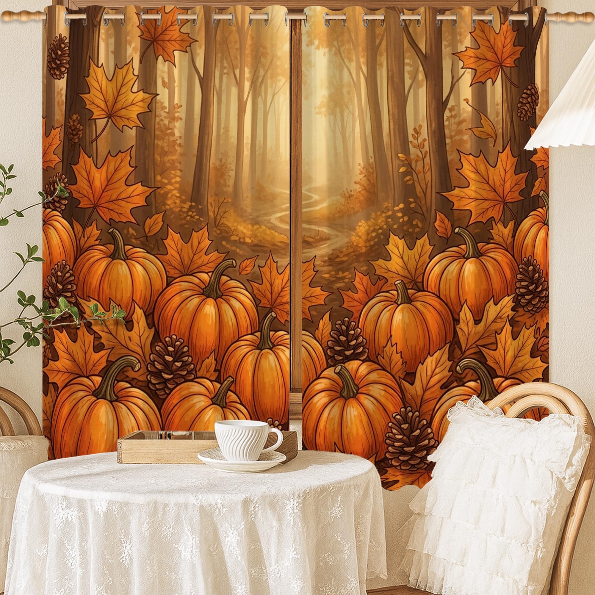 Rideaux occultants citrouilles et feuilles d'automne pour réchauffer le salon