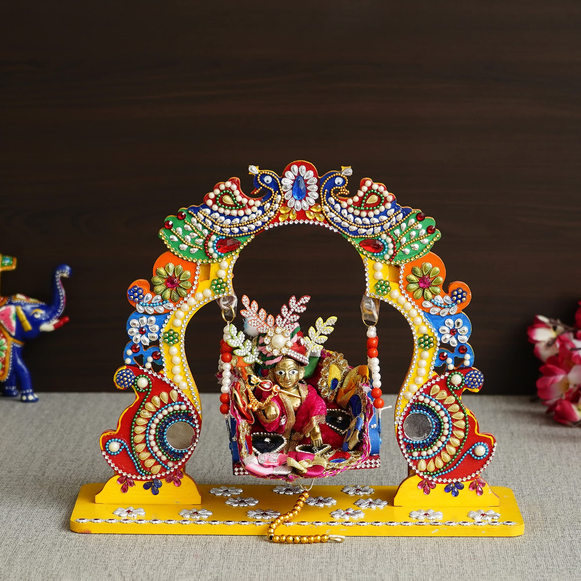 Beautiful Wooden Handicrafted Swing Jhula for Laddu Gopal Krishna Janmashtami Stylish Wood Handmade Bal Gopal Thakur Ji Jhoola for Home Mandir Temple (Multicolor_Design 1)
