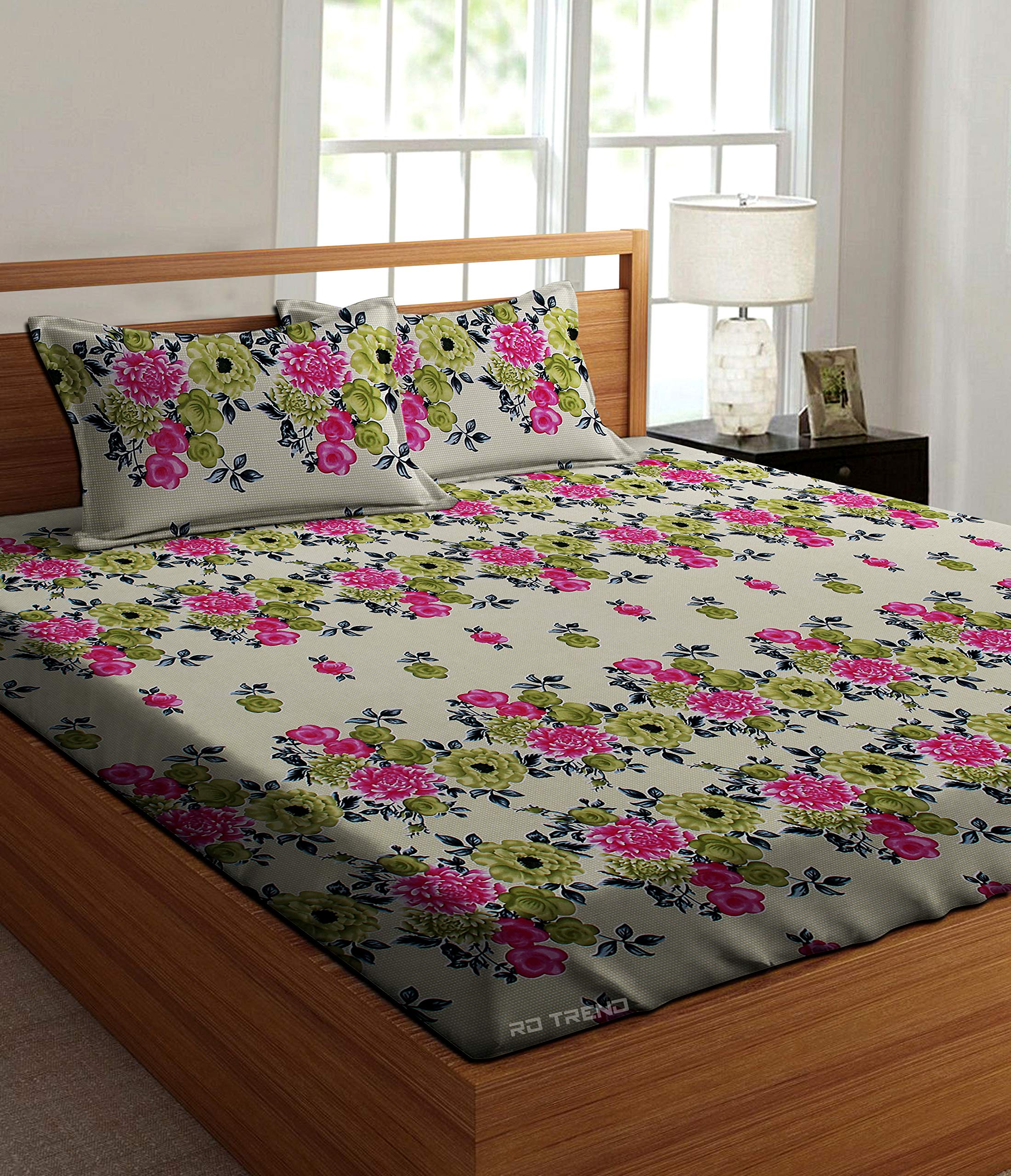 RD TREND Presents Luxurious Supersoft100% Cotton 300TC Elastic Fitted King Size Double Bedsheet with 2 Pillow Covers Color-Cream, Pattern-Floral