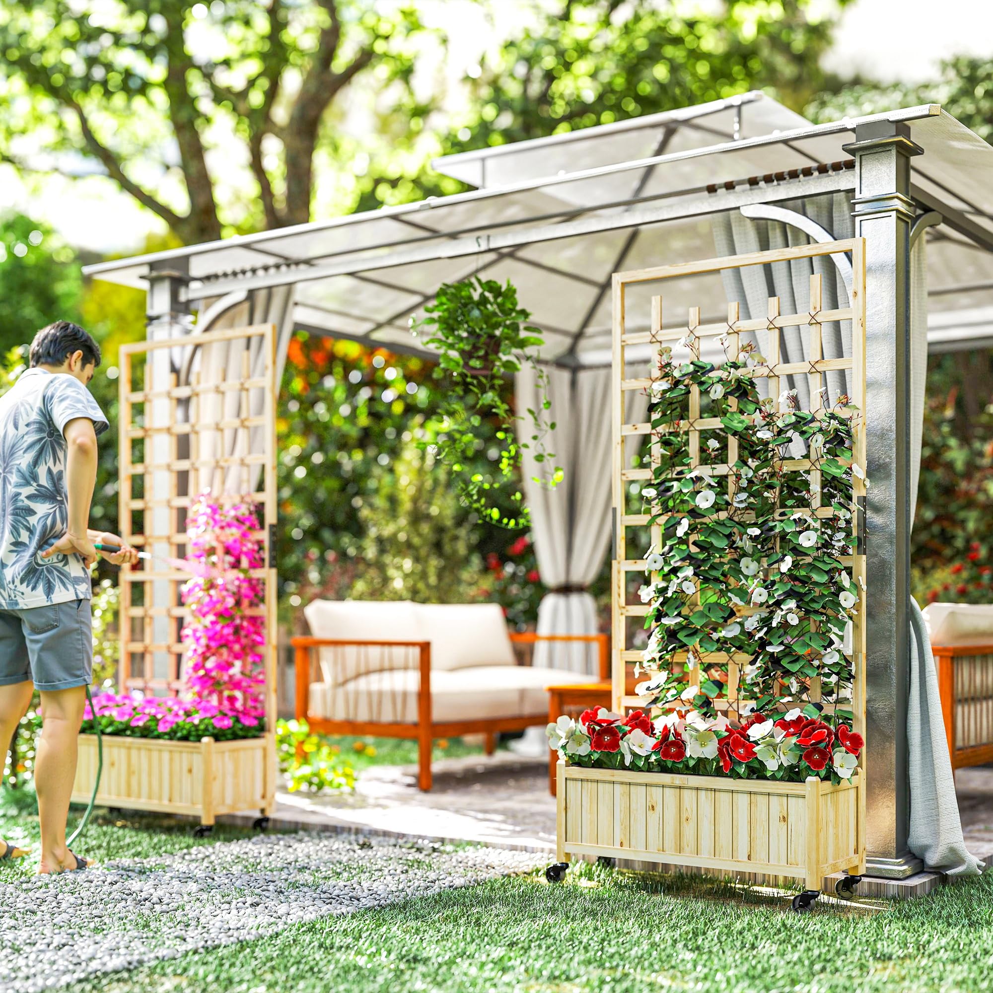 Outsunny Jardinière avec Treillis Bac à Fleurs 82,5x35x186cm Bois Naturel | Avec Roues, Lit Surélevé, pour Plantes Grimpantes Légumes Fleurs, Bois Massif, Intérieur Extérieur, Cour Jardin Balcon
